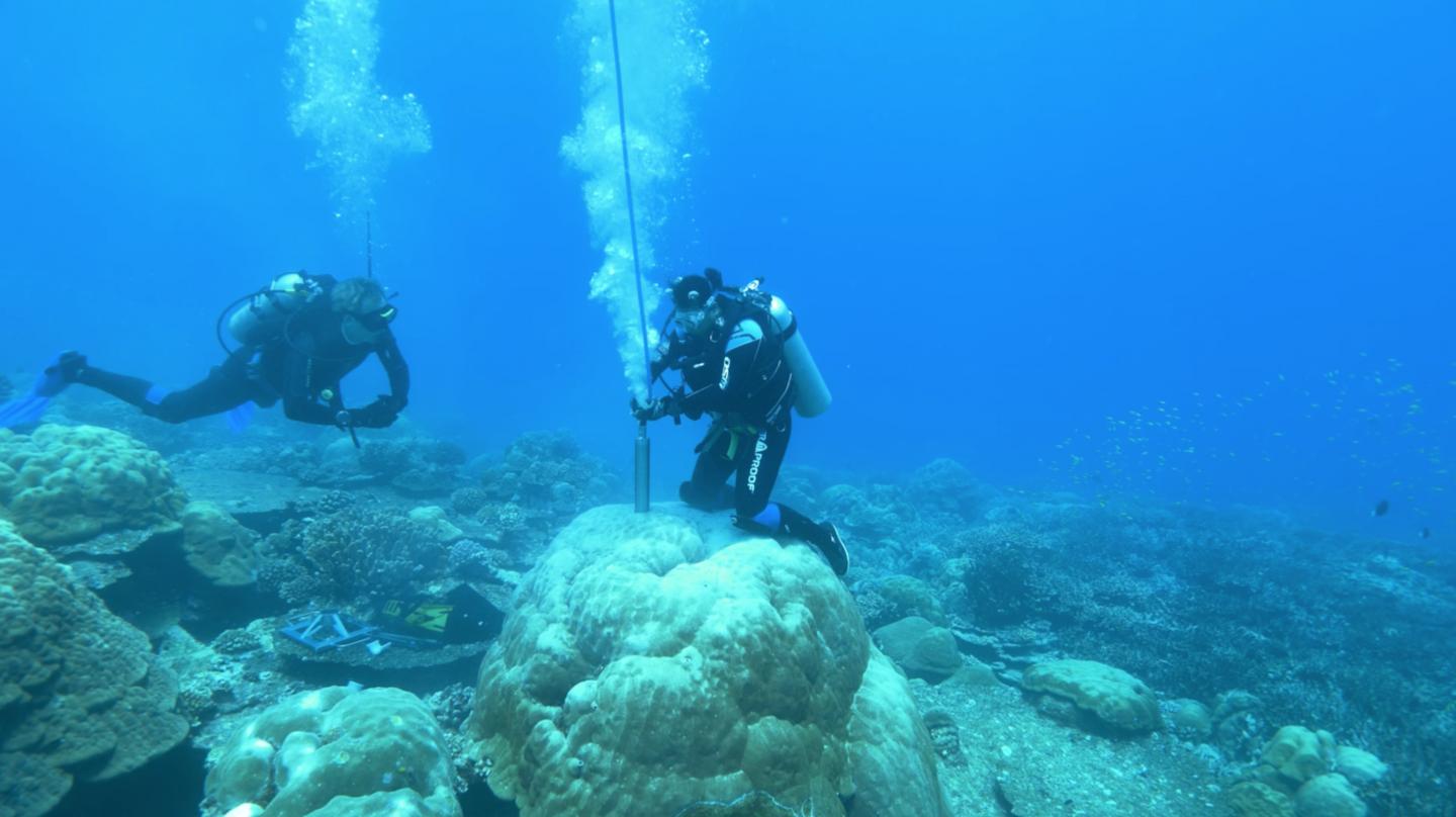 Perforando corales para rastrear la historia de El Niño en la Isla de la Navidad, situada en el océano Índico, a 2.360 km al noroeste de Perth, en el estado de Australia Occidental, a 360 km al sur de Yakarta, la capital de Indonesia, y a 975 km de las Islas Cocos. Foto: Jason Turl, Centre of Excellence for Climate Extremes.