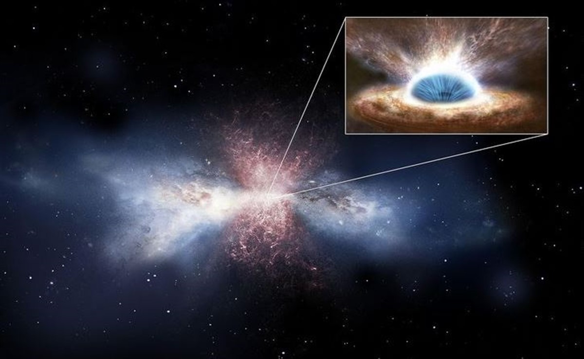 Simulación artística. Los vientos del agujero negro barren el gas de las galaxias. Crédito: ESA/ATG medialab.