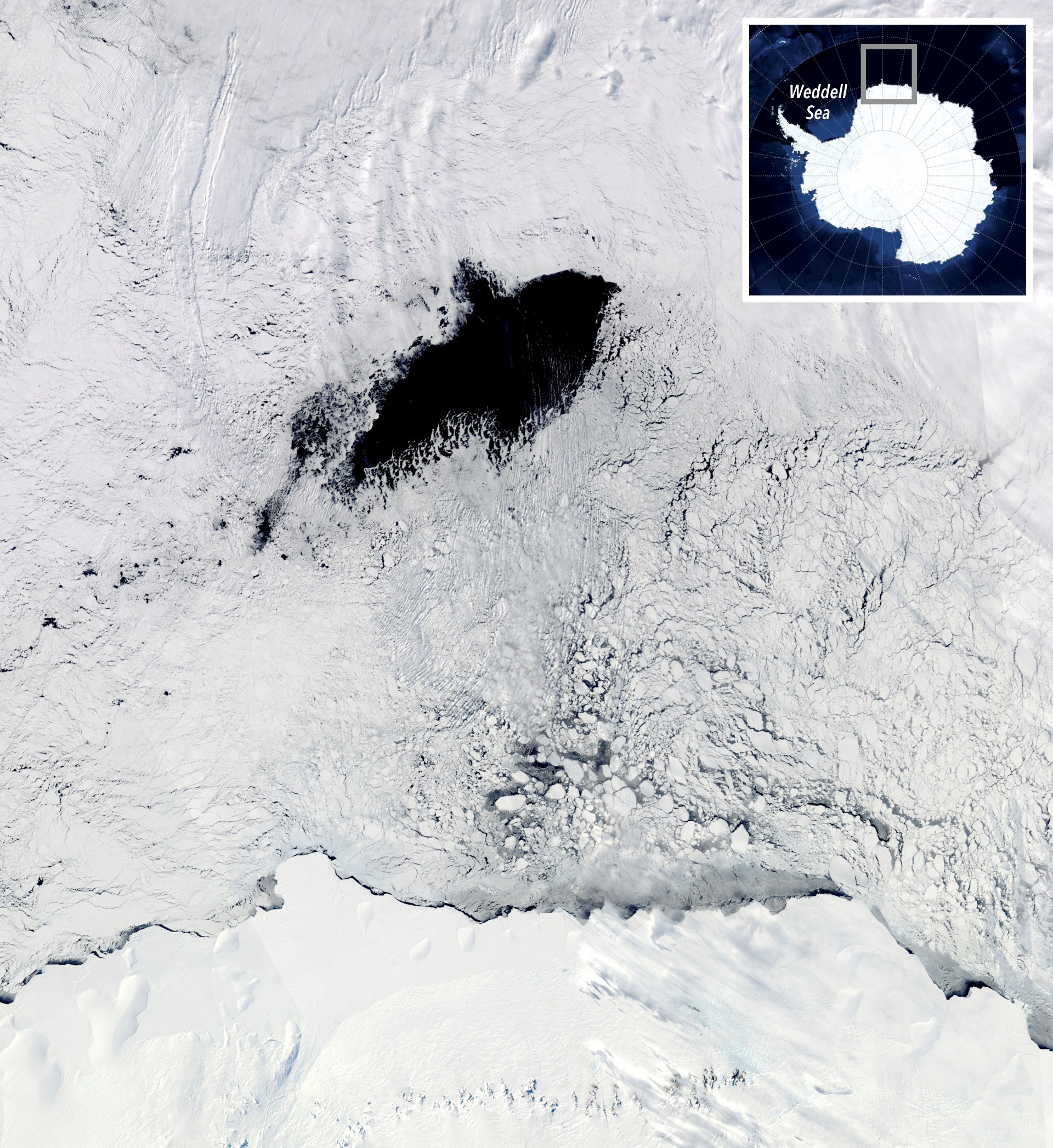 El agujero en el hielo marino en la costa antártica visto por un satélite de la NASA el 25 de septiembre de 2017. NASA Worldview / NASA Blue Marble.