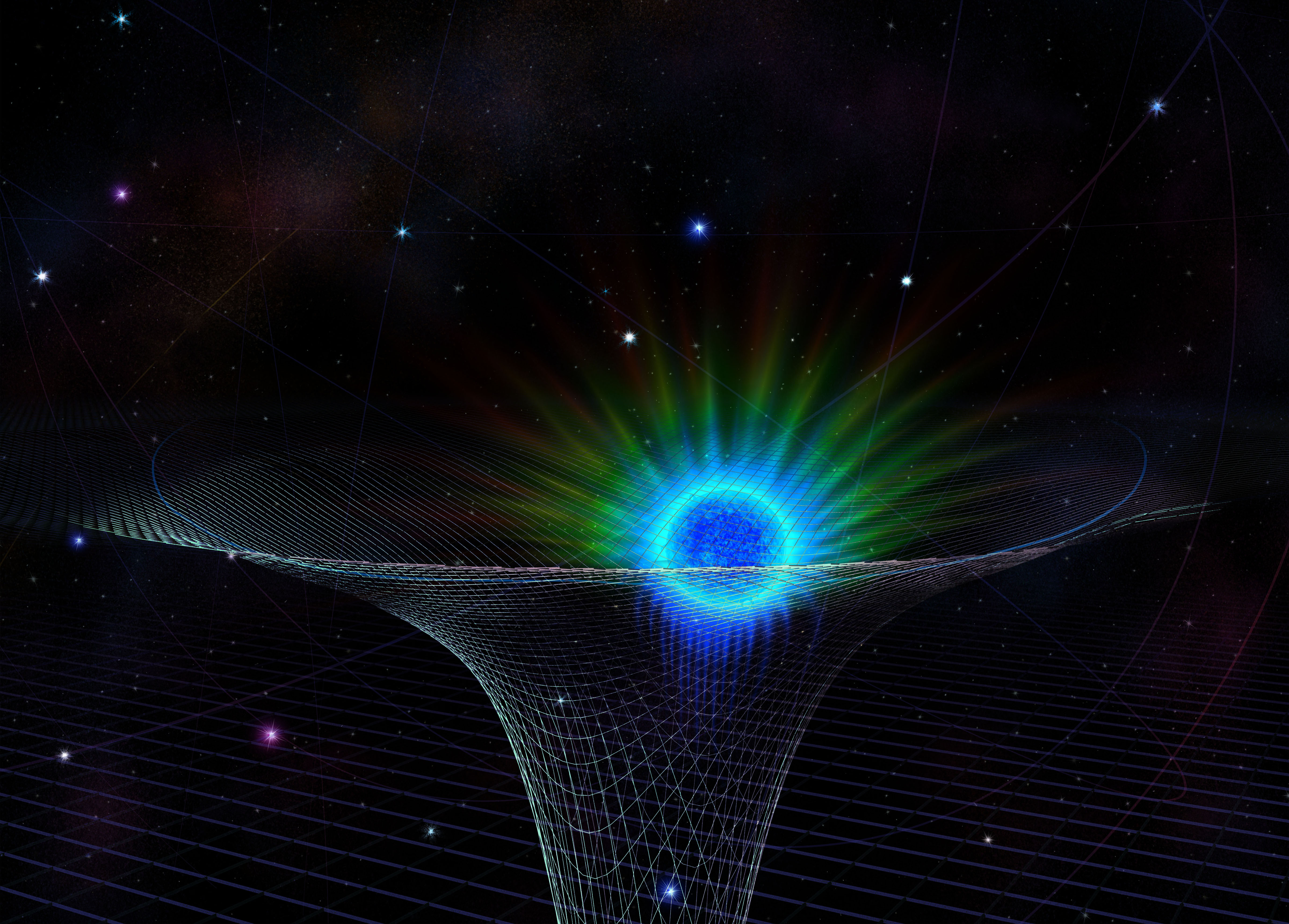 Una estrella conocida como S0-2 (el objeto azul y verde en la representación de este artista) se acerca al agujero negro supermasivo situado en el centro de la Vía Láctea en 2018. Representación artística de Nicolle Fuller / National Science Foundation.