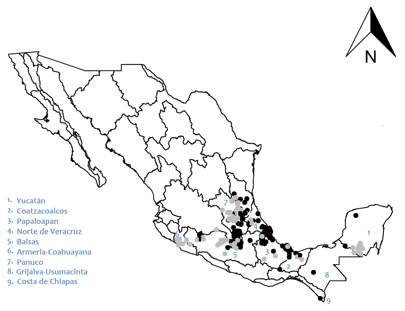 Figura 4. Sitios en México donde se encontraron comunidades de libélulas y caballitos del diablo en los dos periodos estudiados: 1980-1993 (puntos negros) y 1994-2010 (puntos grises). Imagen modificada de Rocha-Ortega et al. 2019.