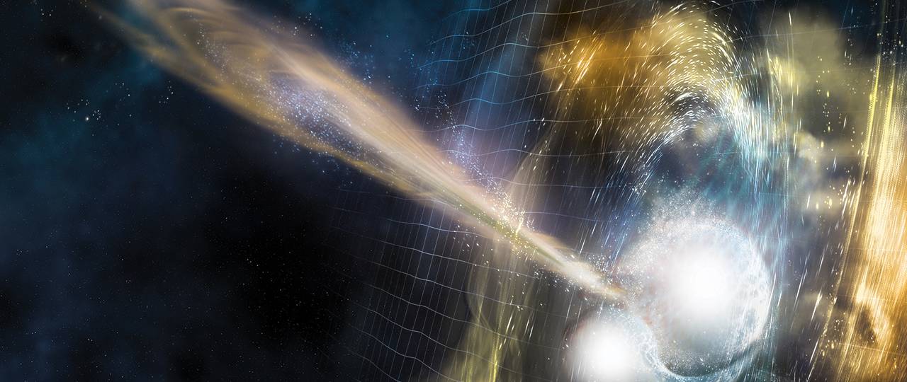 Ilustración de dos estrellas de neutrones fusionadas. Las ondas gravitacionales salen de la colisión y segundos después se dispara una explosión de rayos gamma. Las estrellas que se fusionan expulsan remolinos de nubes de material. Imagen: Fundación Nacional de Ciencias / LIGO / Sonoma State University / A. Simonnet.