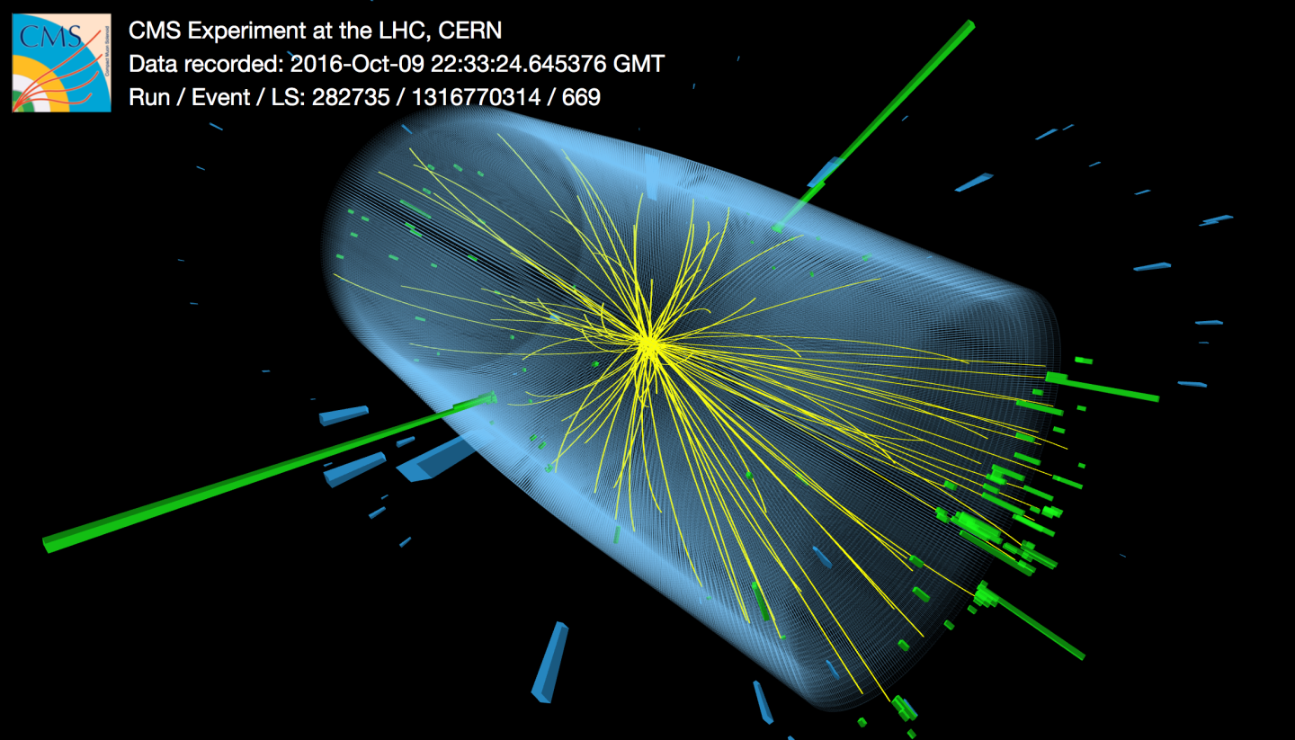 Un candidato de un bosón de Higgs se transforma en dos fotones. Las dos grandes torres verdes muestran depósitos de energía de los fotones (Imagen: Thomas McCauley, CMS / CERN)