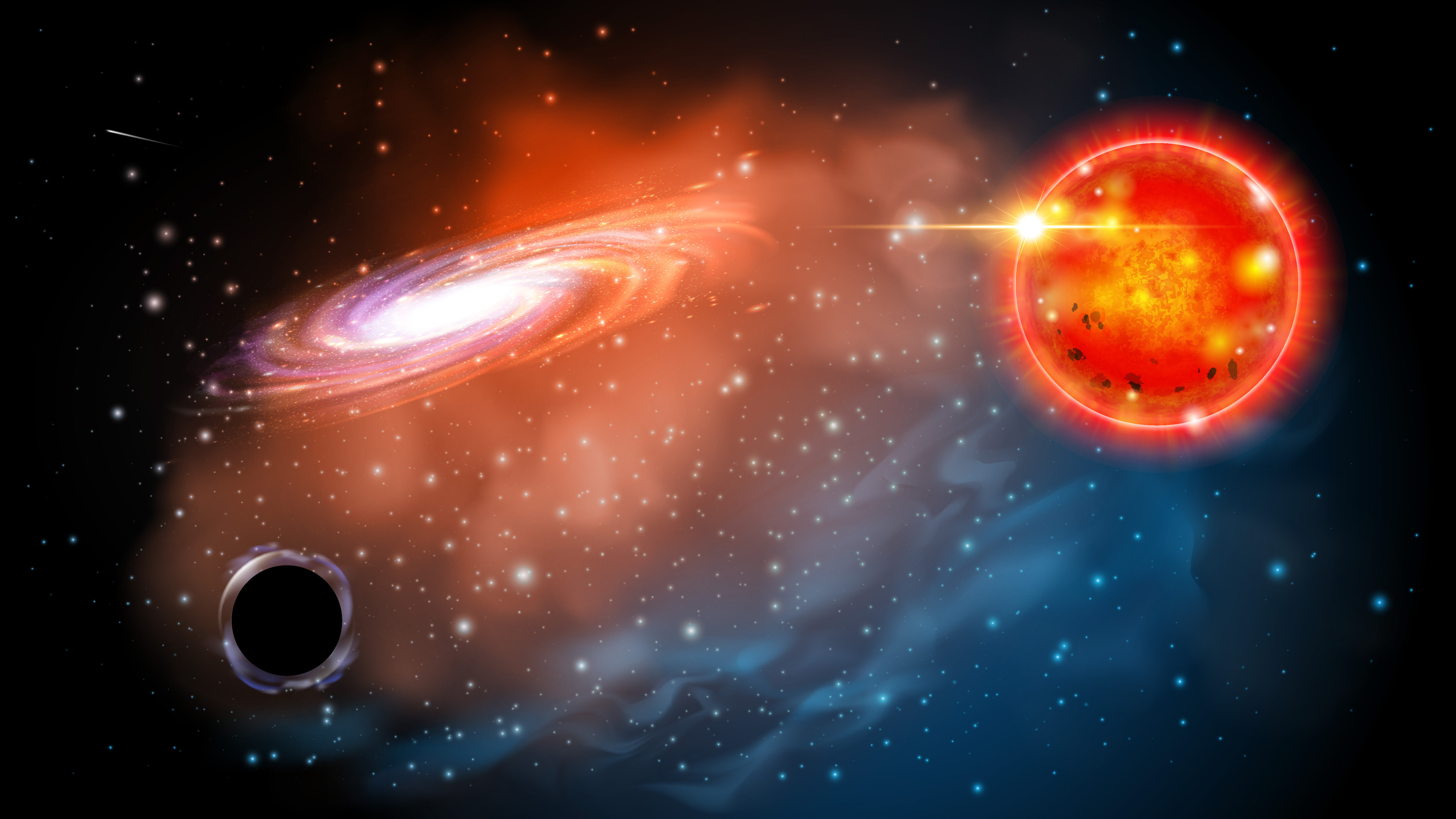 Representación artística del agujero negro identificado en este estudio. El agujero negro (abajo a la izquierda) se ve cerca de una estrella gigante roja. El descubrimiento muestra que puede haber toda una clase de agujeros negros que los astrónomos no sabían que existían. Crédito: OSU, Jason Shults.