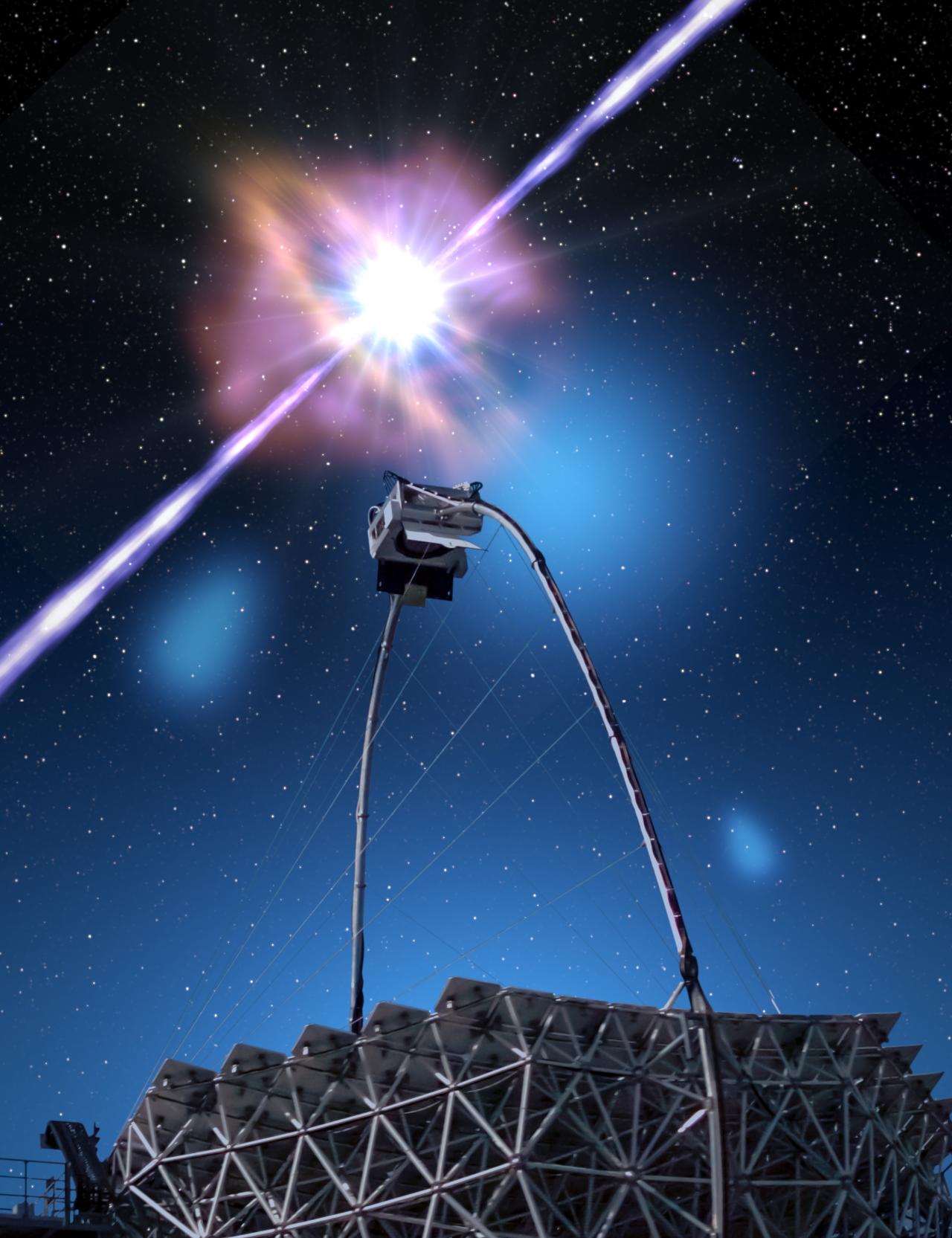 Representación artística del primer estallido de rayos gamma en altas energías detectado por MAGIC. Crédito: Gabriel Pérez Díaz (IAC)