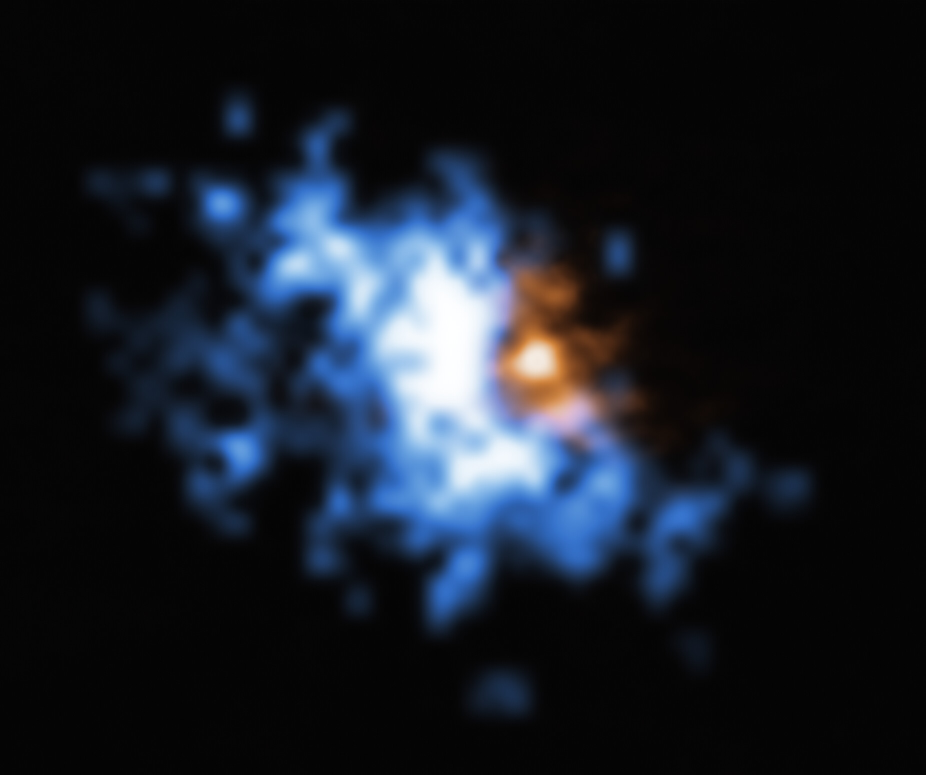 Esta imagen muestra un halo de gas recién observado, superpuesto a una imagen más antigua de una fusión de galaxias. El halo a gran escala de gas de hidrógeno se muestra en azul y está unido a la galaxia, que contiene un cuásar en su centro. El débil y brillante gas de hidrógeno del halo proporciona la fuente de alimento perfecta para el agujero negro supermasivo que hay en el centro del cuásar.Crédito: ESO/Farina et al.; ALMA (ESO/NAOJ/NRAO), Decarli et al.