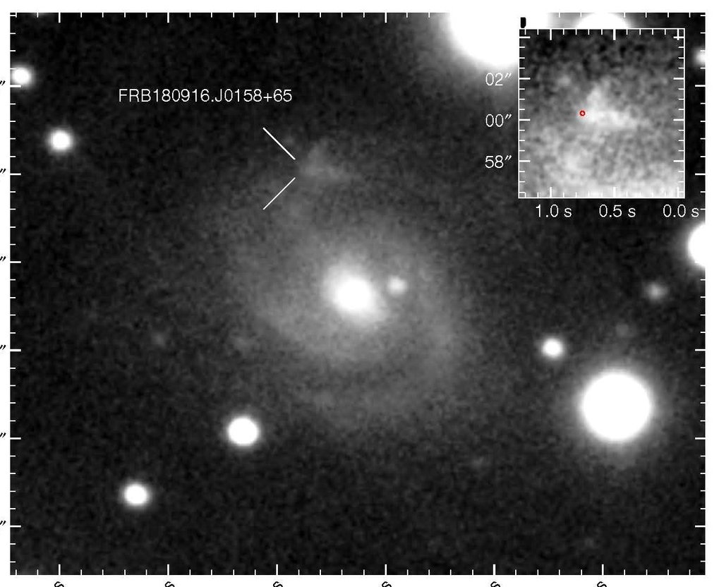 Imagen óptica de la galaxia anfitriona de la Ráfaga de radio rápida (FRB) 180916.J0158 + 65 vista con el telescopio Gemini-North. La posición del FRB está marcada. El recuadro es un zoom de mayor contraste de la región de formación estelar que contiene el FRB (marcado por el círculo rojo). © B. Marcote y col. / Nature 2020.MPG