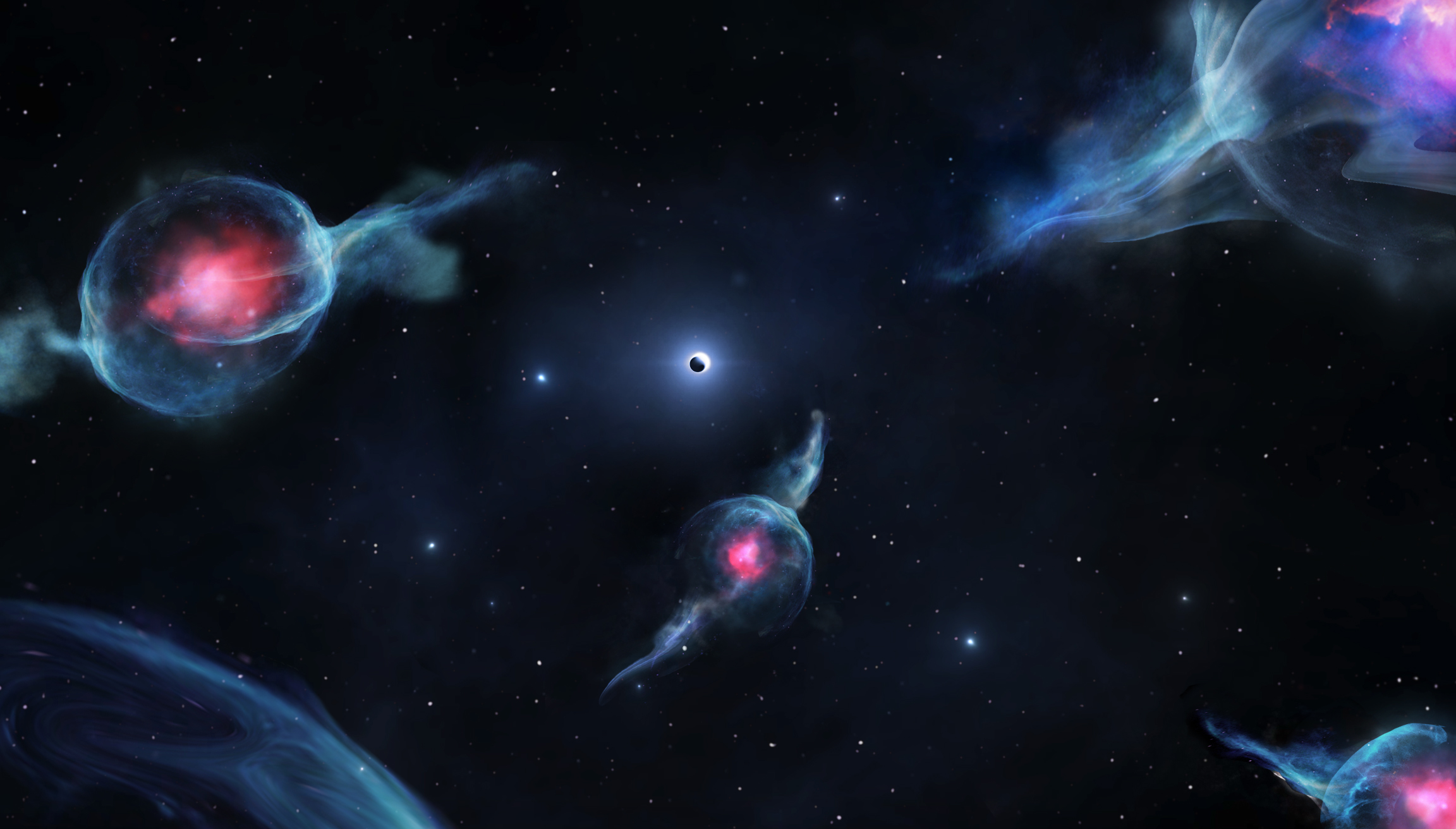 Los objetos G se muestran en esta creación artística con los centros rojizos orbitando Sagitario A*. Este agujero negro supermasivo se representa como una esfera oscura dentro de un anillo blanco, en el centro de la imagen. Crédito: Jack Ciurlo. UCLA.