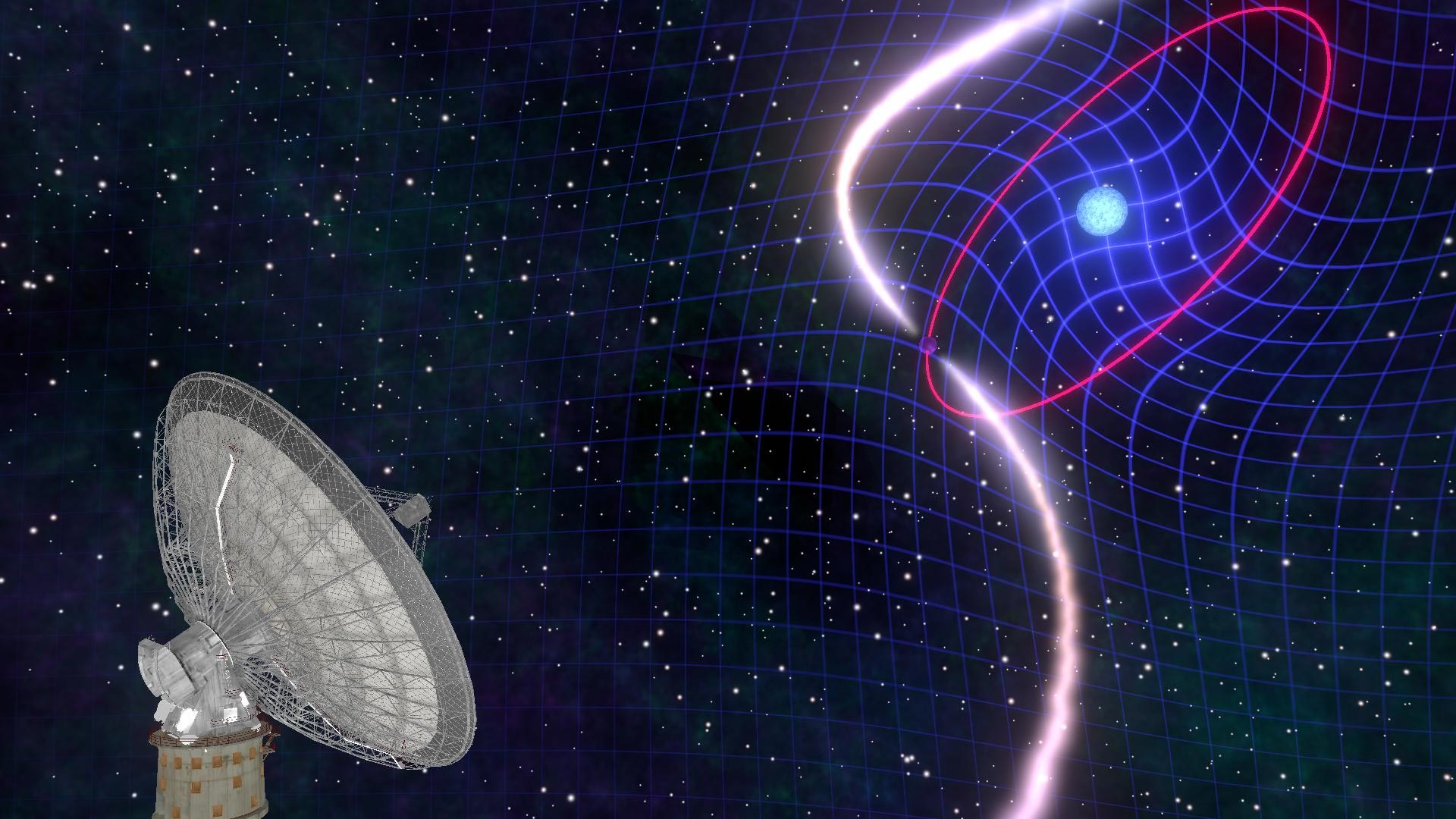 Creación artística del sistema binario PSR J1141-6545. El púlsar orbita a su enana blanca cada 4.8 horas. La rotación rápida de la enana blanca arrastra el espacio-tiempo a su alrededor, haciendo que toda la órbita cambie su orientación. Crédito: ©Mark Myers/ARC Centre of Excellence for Gravitational Wave Discovery (OzGrav), Australia.