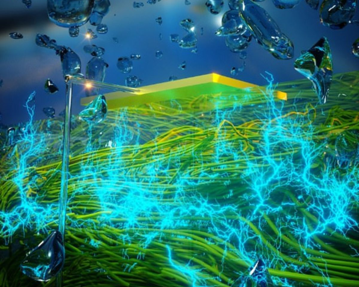 Imagen gráfica de una película delgada de nanocables de proteínas que generan electricidad a partir de la humedad atmosférica. Foto: UMass Amherst/ Yao y Lovley labs.
