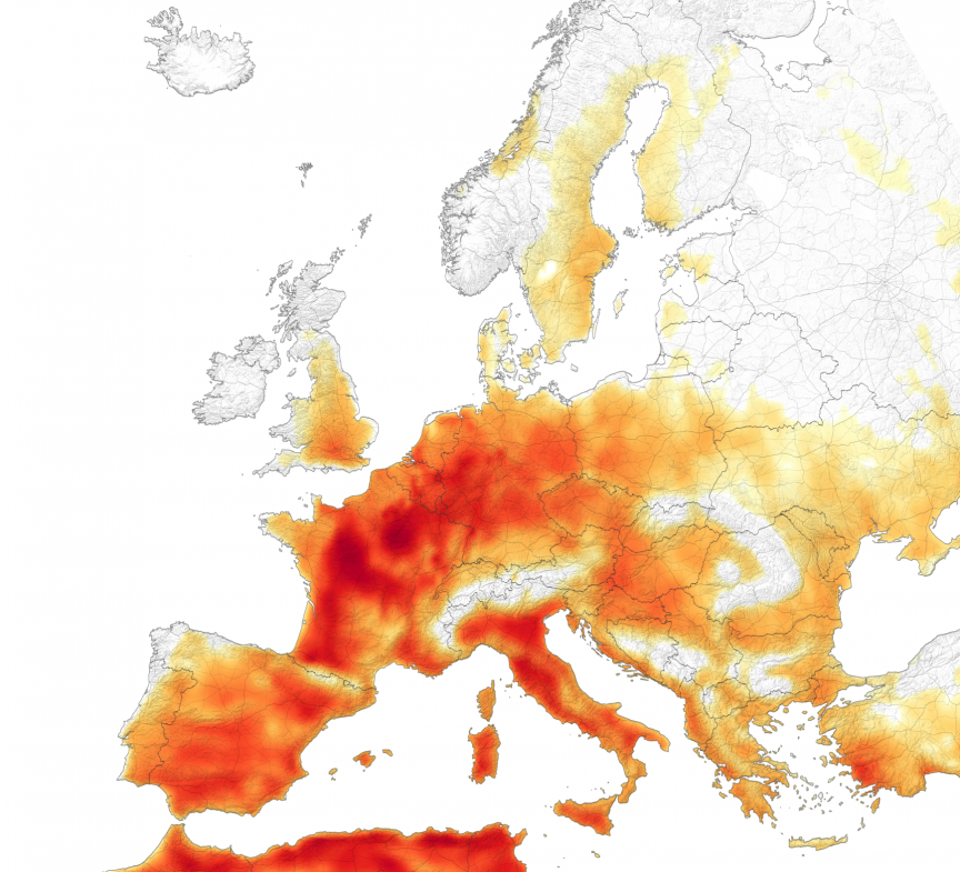 Ola de calor registrada en 7 países de Europa el 25 de julio de 2019. Foto: NASA / Observatorio de la Tierra