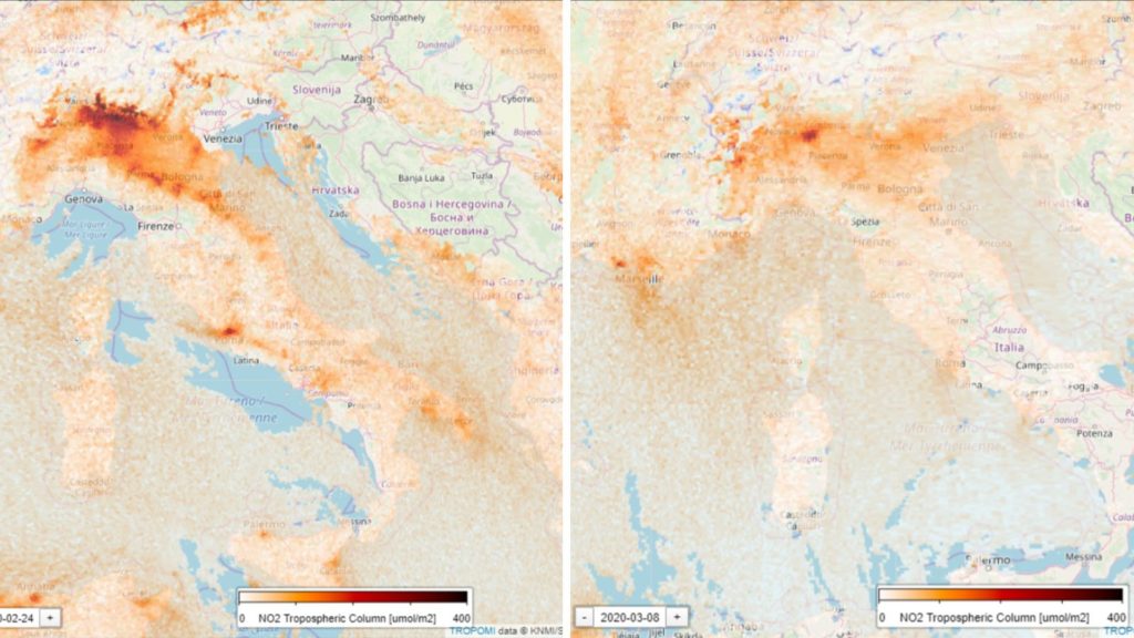 Foto: La imagen satelital muestra la reducción del NO2 sobre Italia (EPHA)