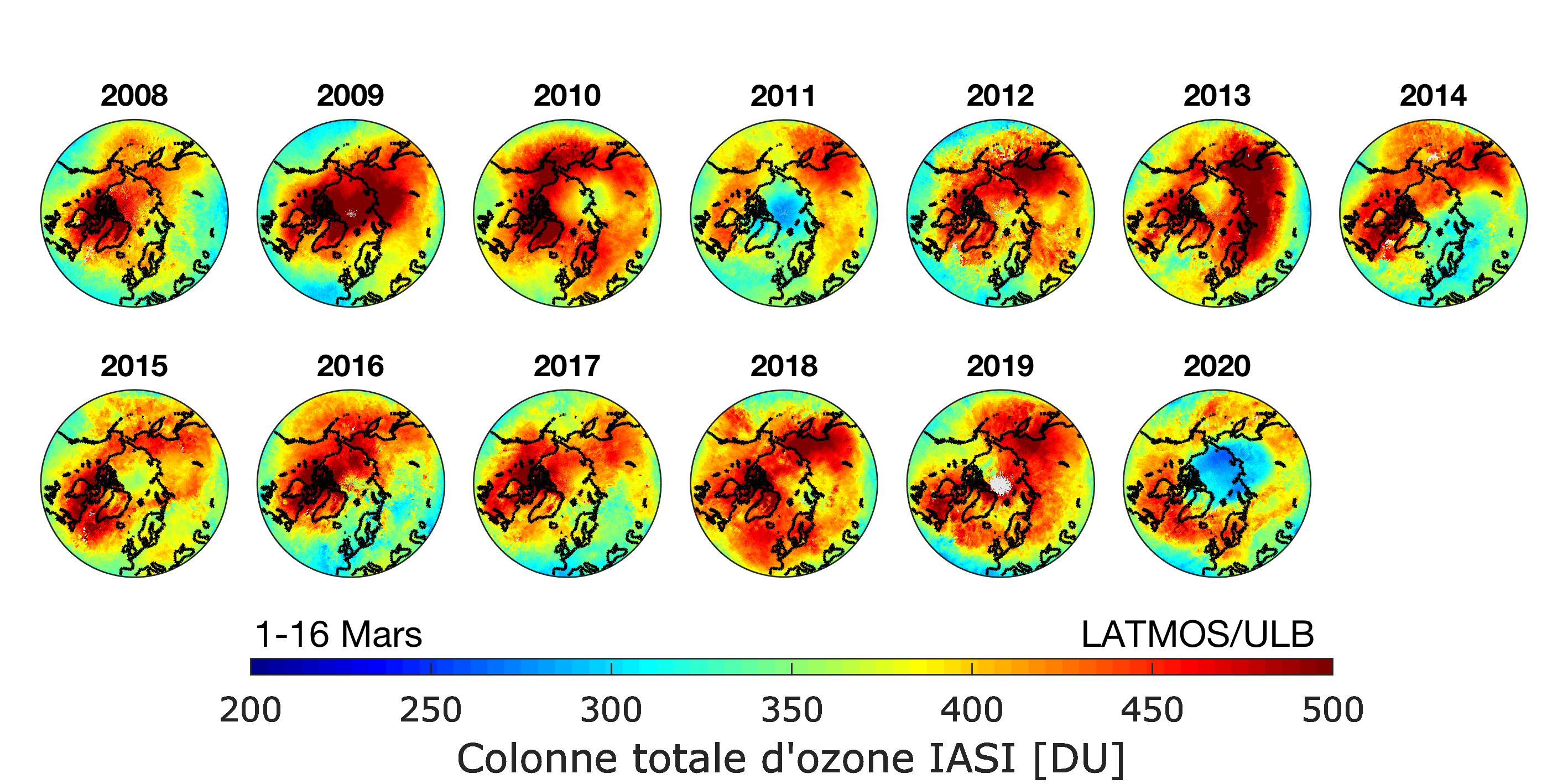 Disminución por años de la capa de ozono desde el 2008 a la actualidad. En el año 2011 se observa más notable su incremento. Foto: © Anne Boynard (LATMOS / IPSL)