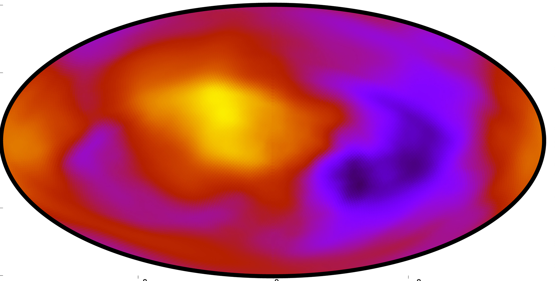 El mapa muestra en diferentes colores la tasa de expansión del Universo: el morado indica la tasa más lenta  y los tonos naranja y amarillo la tasa más rápida. Crédito: K. Migkas et al. 2020, CC BY-SA 3.0 IGO.