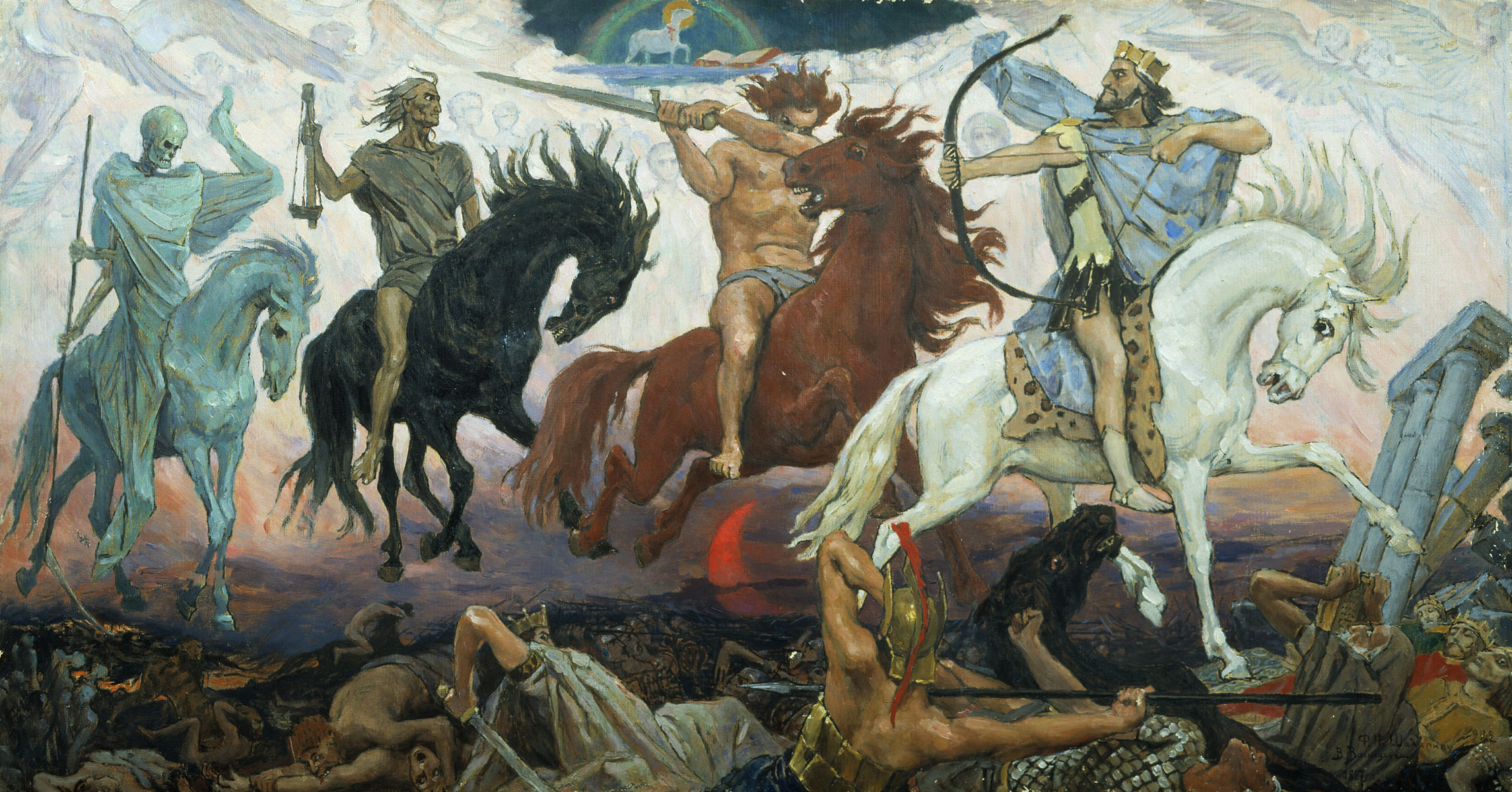 Los cuatro Jinetes del Apocalipsis que según la Biblia aportarían grandes males a la humanidad. De izquierda a derecha: la muerte, el hambre, la guerra y la enfermedad. Pintura de Viktor Vasnetsov (1887).