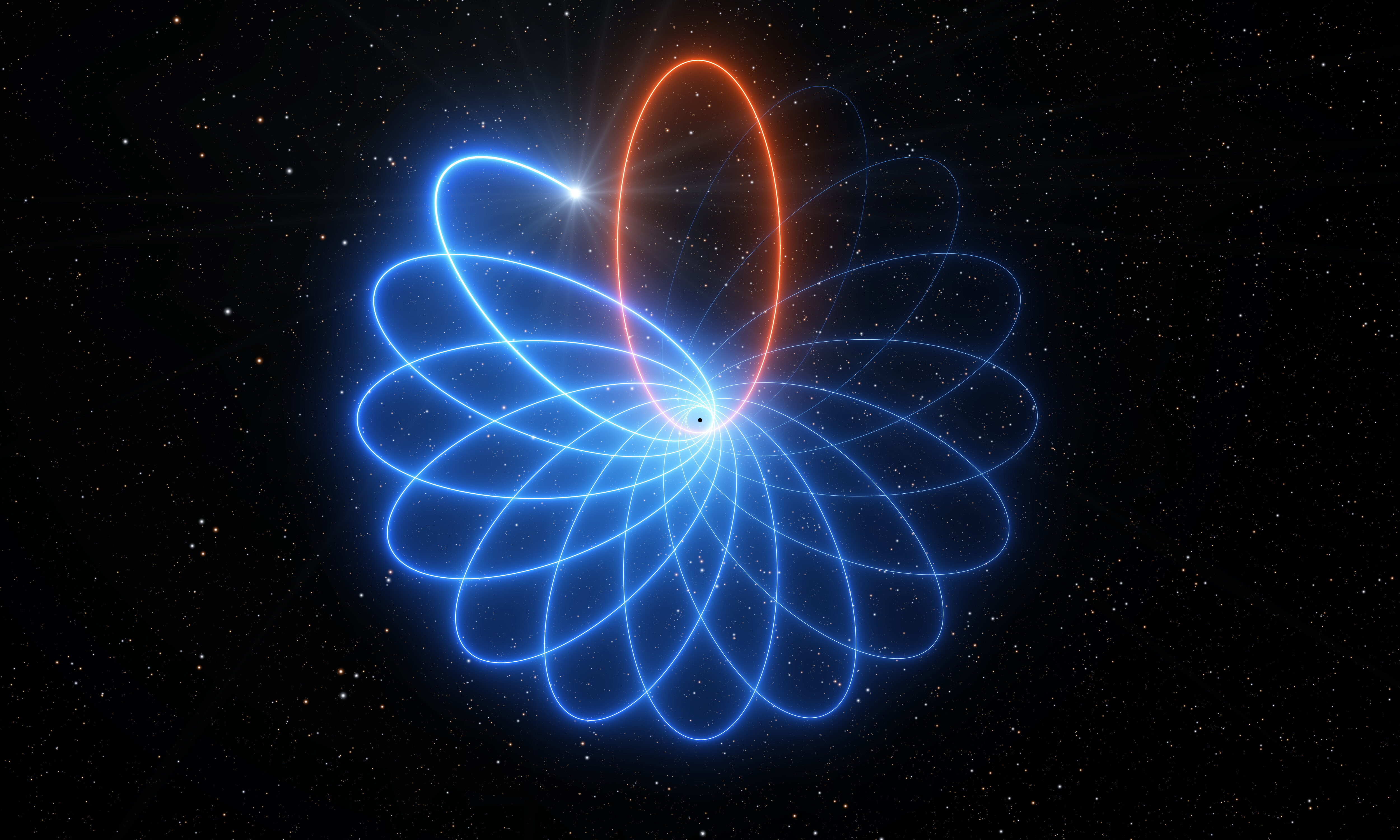 Esta representación artística ilustra la precesión de la órbita de la estrella, exagerando su efecto para una visualización más fácil.  Crédito: ESO/L. Calçada