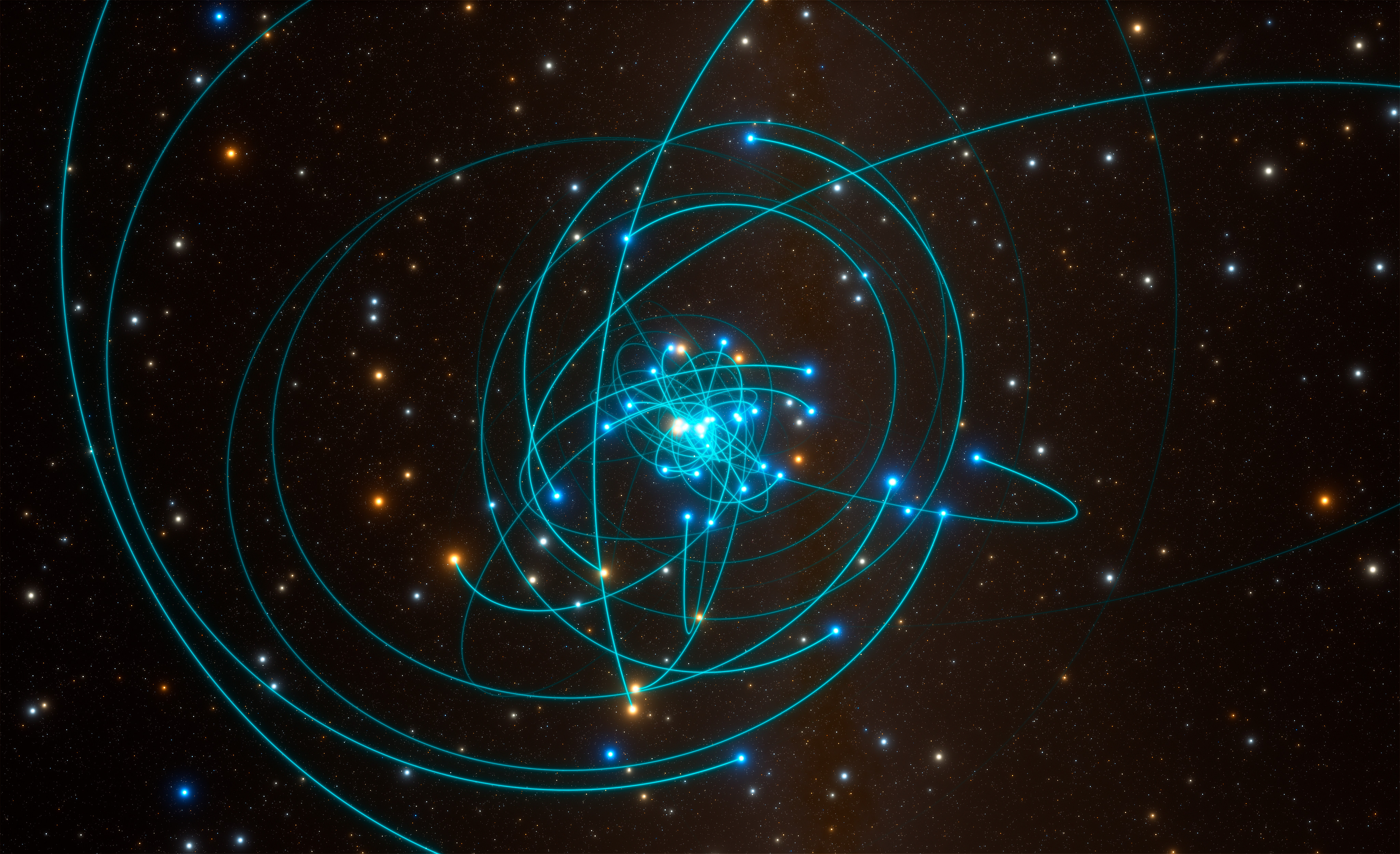 Esta simulación muestra las órbitas de las estrellas muy cerca del agujero negro supermasivo en el centro de la Vía Láctea. Crédito: ESO/L. Calçada/spaceengine.org