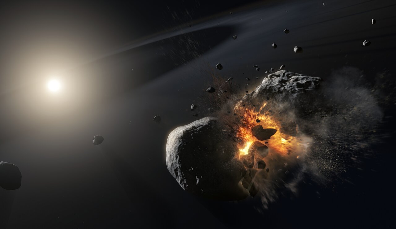 Recreación artística de la colisión ocurrida entre dos colosos cósmicos que orbitan a la brillante estrella Fomalhaut (al fondo), que originó una nube de polvo confundida por los astrónomos con un planeta que en realidad nunca existió. Crédito:ESA / NASA, M. Kornmesser