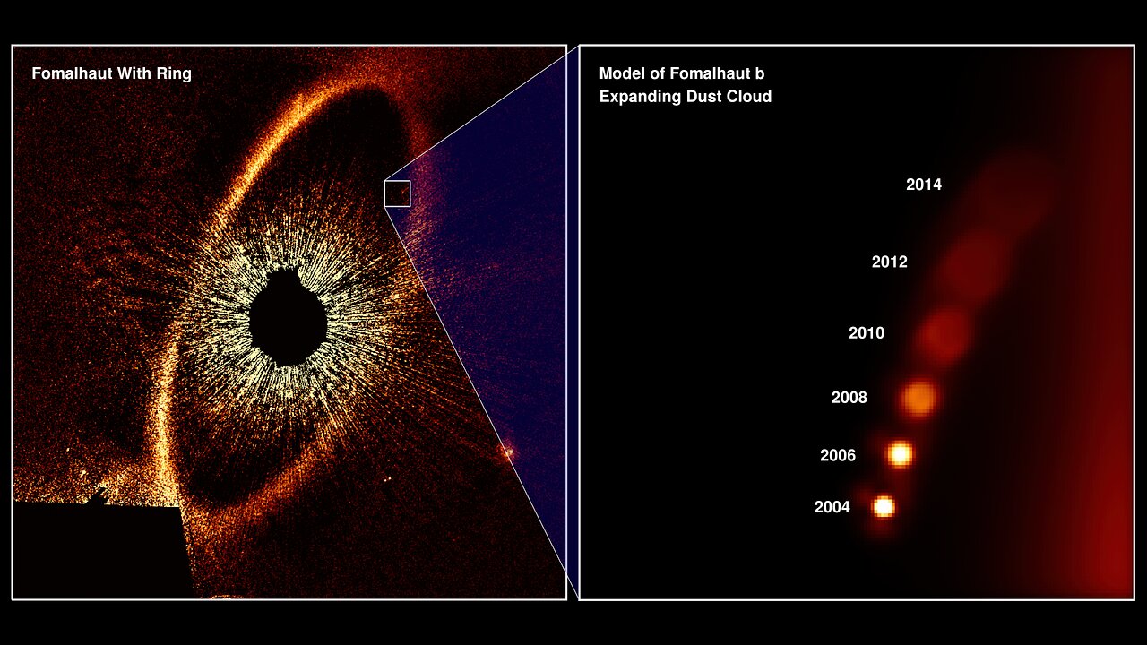 Ilustración de las observaciones del Hubble Space Telescope de la nube de polvo en expansión de Fomalhaut b de 2004 a 2013, origen de la confusión sobre este aparente planeta. Crédito: NASA, ESA y A. Gáspár y G. Rieke (Universidad de Arizona).
