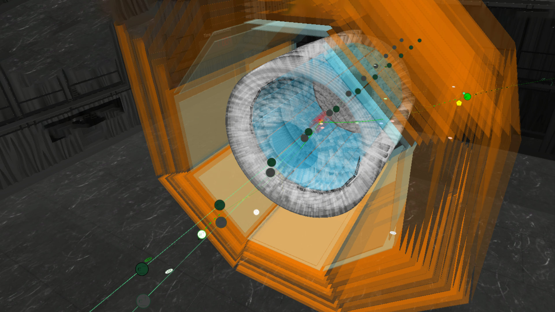 Imagen generada por ordenador de un evento simulado en el cual un bosón Z’ es producido en colisiones electrón-positrón, asociado a dos muones, en color verde en la figura, y cuyo decaimiento se produce a partículas invisibles. En esta figura, el bosón Z’ decae a un neutrino y un anti-neutrino que escapan del detector, pero el modo de decaimiento puede incluir también partículas y anti-partículas de antimateria). Crédito: Ill./©: Belle II.