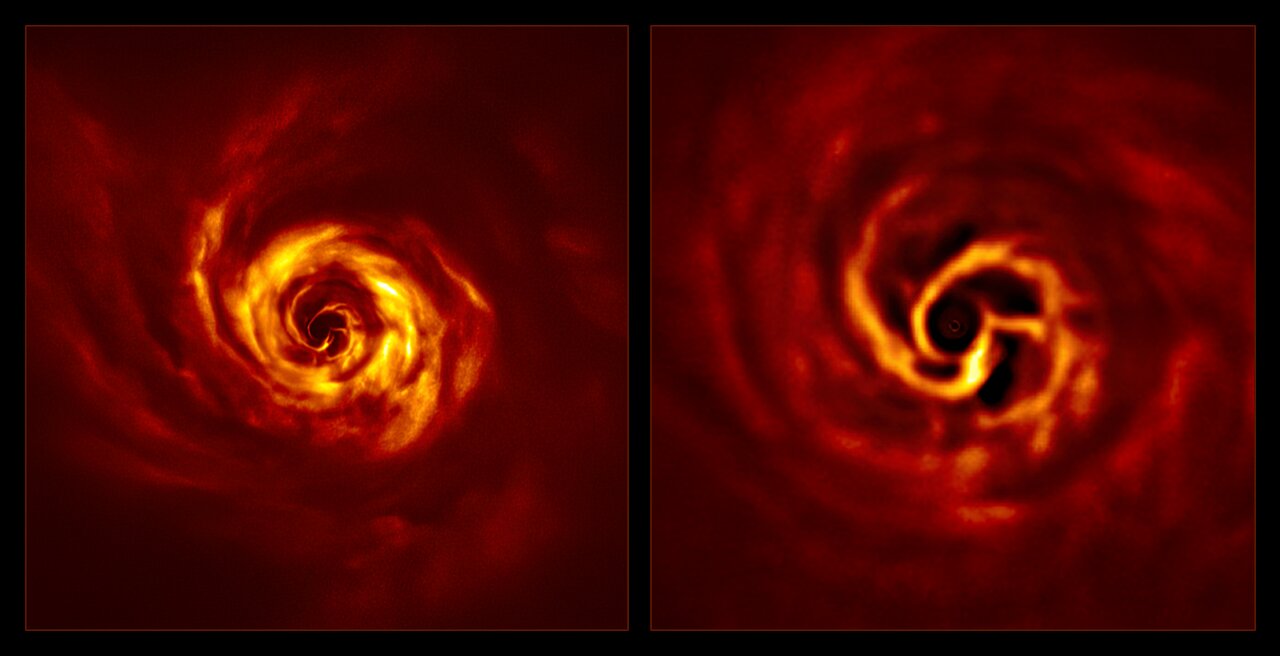 Imágenes del sistema AB Aurigae que muestran el disco a su alrededor. La imagen de la derecha, una versión ampliada de la parte central de la imagen izquierda, muestra la región interna del disco. En esta región interna vemos el "giro" (en amarillo muy brillante) que los científicos creen que marca el lugar donde se está formando un planeta.Crédito: ESO/Boccaletti et al.
