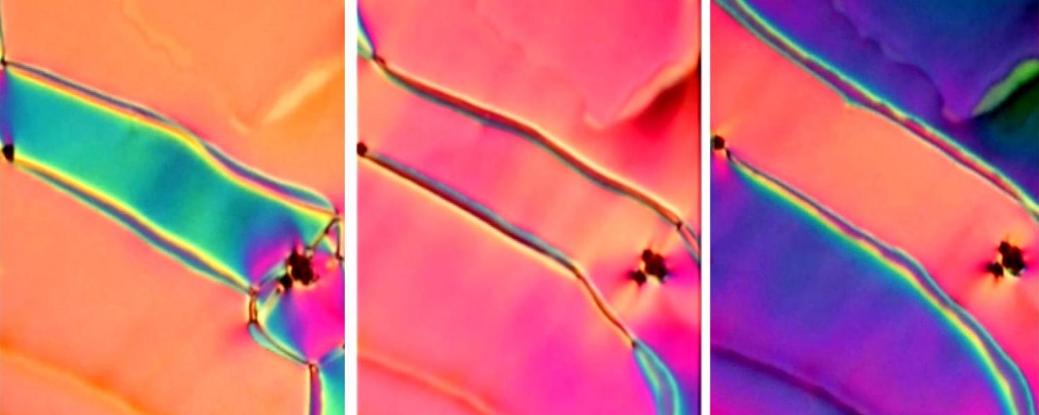 En esta nueva fase del cristal líquido, los colores cambian a medida que los investigadores aplican un pequeño campo eléctrico. Crédito: SMRC.
