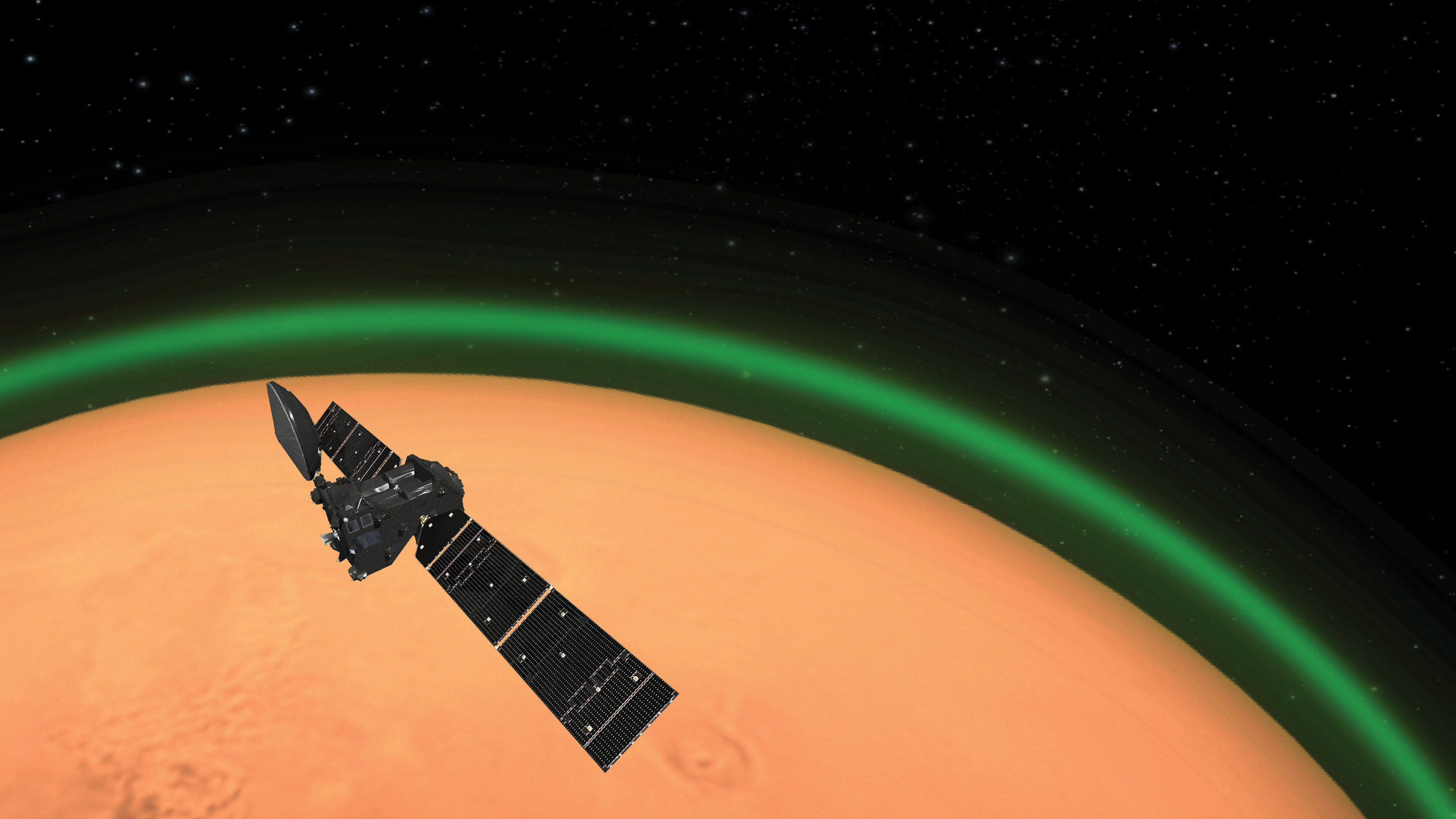 Impresión artística del ExoMars Trace Gas Orbiter de la ESA que detecta el brillo verde del oxígeno en la atmósfera marciana. Esta emisión, detectada en el lado de día de Marte, es similar al resplandor nocturno que se ve alrededor de la atmósfera terrestre desde el espacio. Crédito: Agencia Espacial Europea