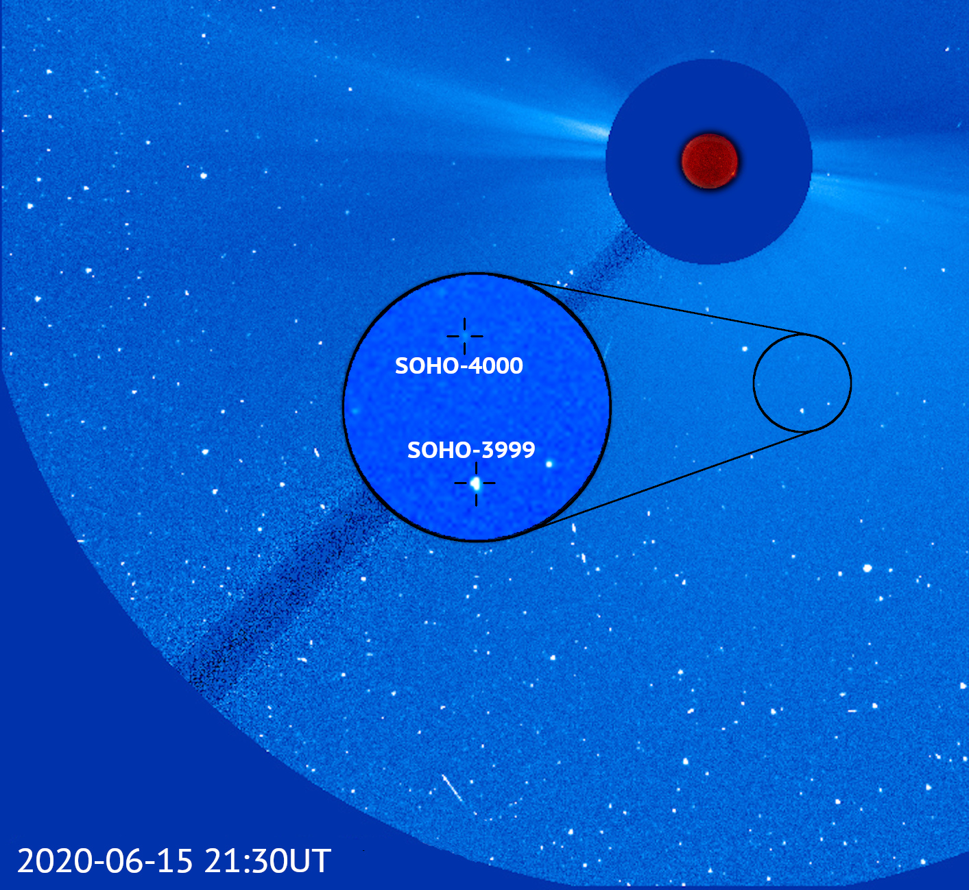 El cometa 4000 se ve aquí en una imagen de la nave espacial junto con el cometa 3.999 descubierto también por SOHO. Los dos cometas están relativamente cerca, a aproximadamente 1.650.000 kilómetros de distancia, lo que sugiere que podrían haberse conectado entre sí hace tan solo unos años. Crédito: ESA / NASA / SOHO / Karl Battams