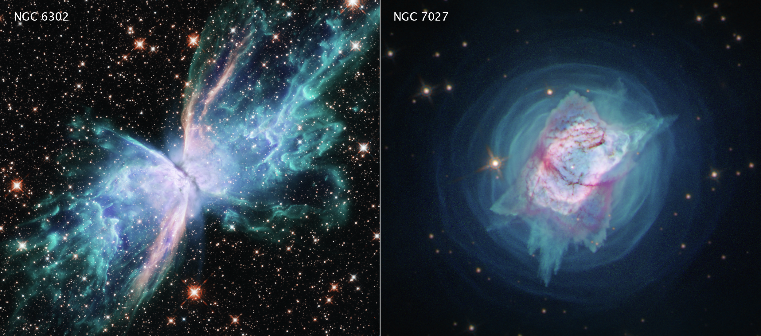 NGC 6302 o Nebulosa de la Mariposa (izda.) y NGC 7027, que se asemeja a un insecto con una concha metálica muy brillante. NASA.