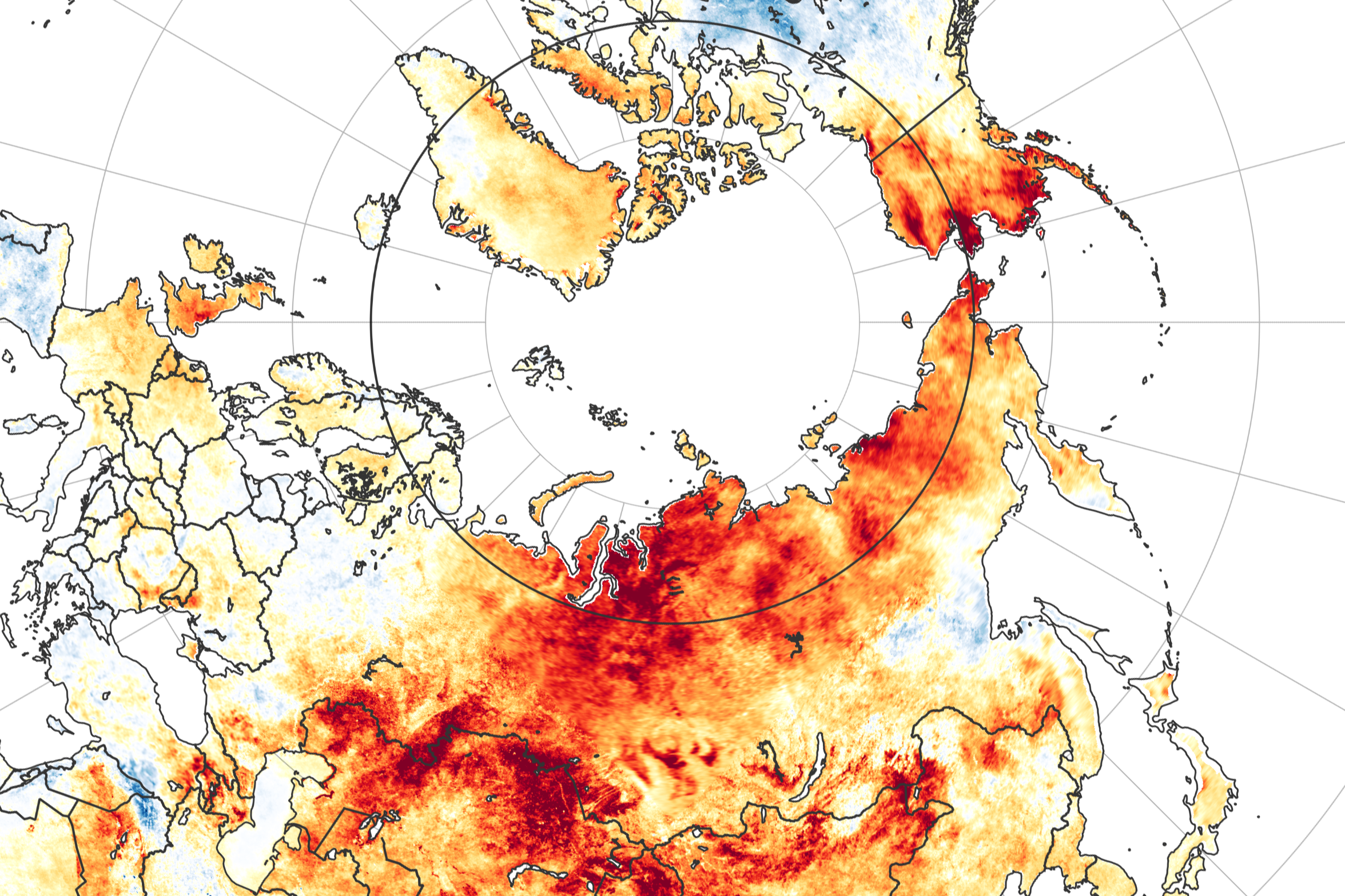 Anomalías en la temperatura de la superficie de la región ártica ente el 19 de marzo y el 20 de junio de 2020. Earth Observatory.