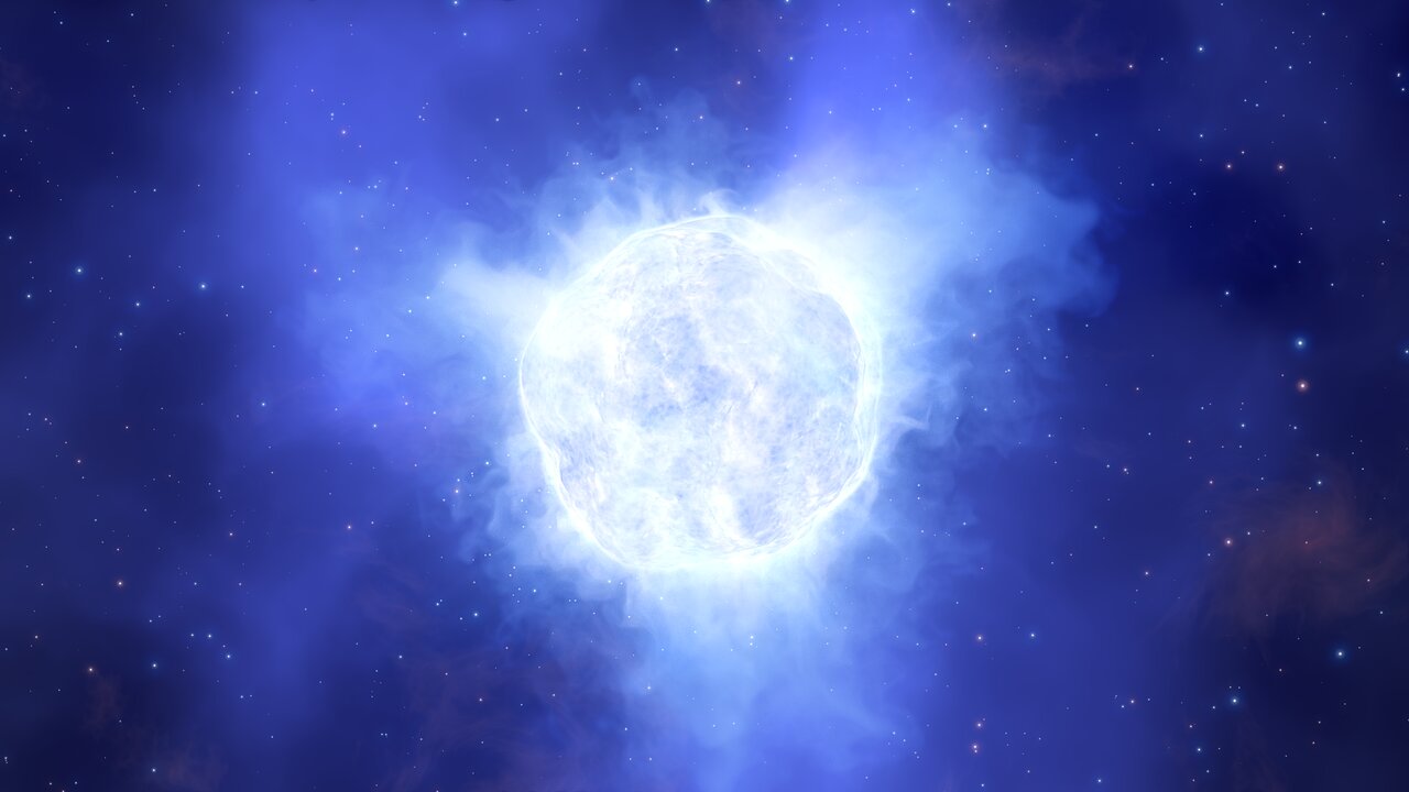 Esta ilustración muestra el aspecto que podría haber tenido la estrella variable luminosa azul de la galaxia enana Kinman antes de su misteriosa desaparición.  Crédito: ESO/L. Calçada