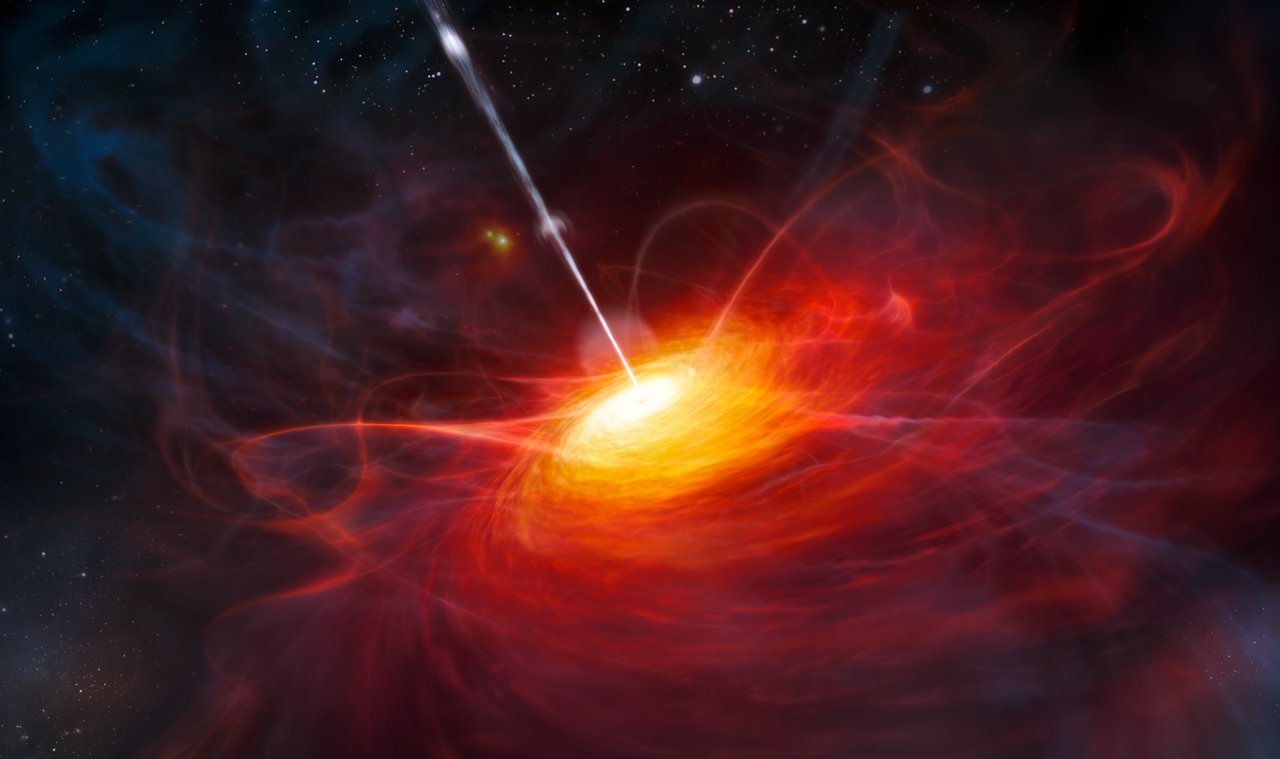 Impresión artística del quásar ULAS J1120+0641 alimentado por un agujero negro que posee dos mil millones de veces la masa de nuestro Sol. Crédito: ESO/M. Kornmesser.