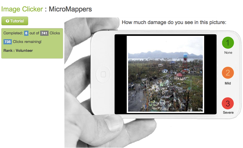 Pantalla de ImageClicker que le aparece al voluntario, que debe decidir si el daño es nulo, leve o severo. Fuente: MicroMappers.