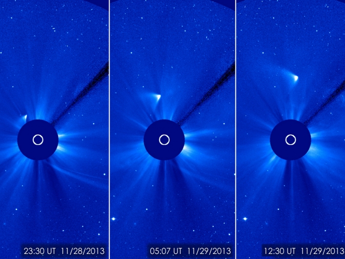 ISON reaparece como una mancha blanca que se aleja del Sol. El cometa no fue visible durante su perihelio, por lo que muchos científicos pensaron que se había desintegrado. Sin embargo, imágenes posteriores como ésta sugieren que un pequeño núcleo del cometa podría seguir intacto. Imagen: ESA / NASA / SOHO / GSFC.