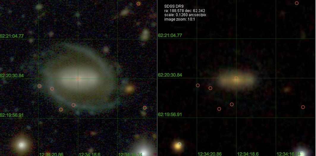 Un pequeño fragmento del cielo tal y como se ve en el cartografiado más completo del cielo que existía hasta ahora, Sloan Digital Sky Survey (a la derecha), y cómo se ve en ALHAMBRA (a la izquierda), con mucho mayor detalle. Fuente: UV.
