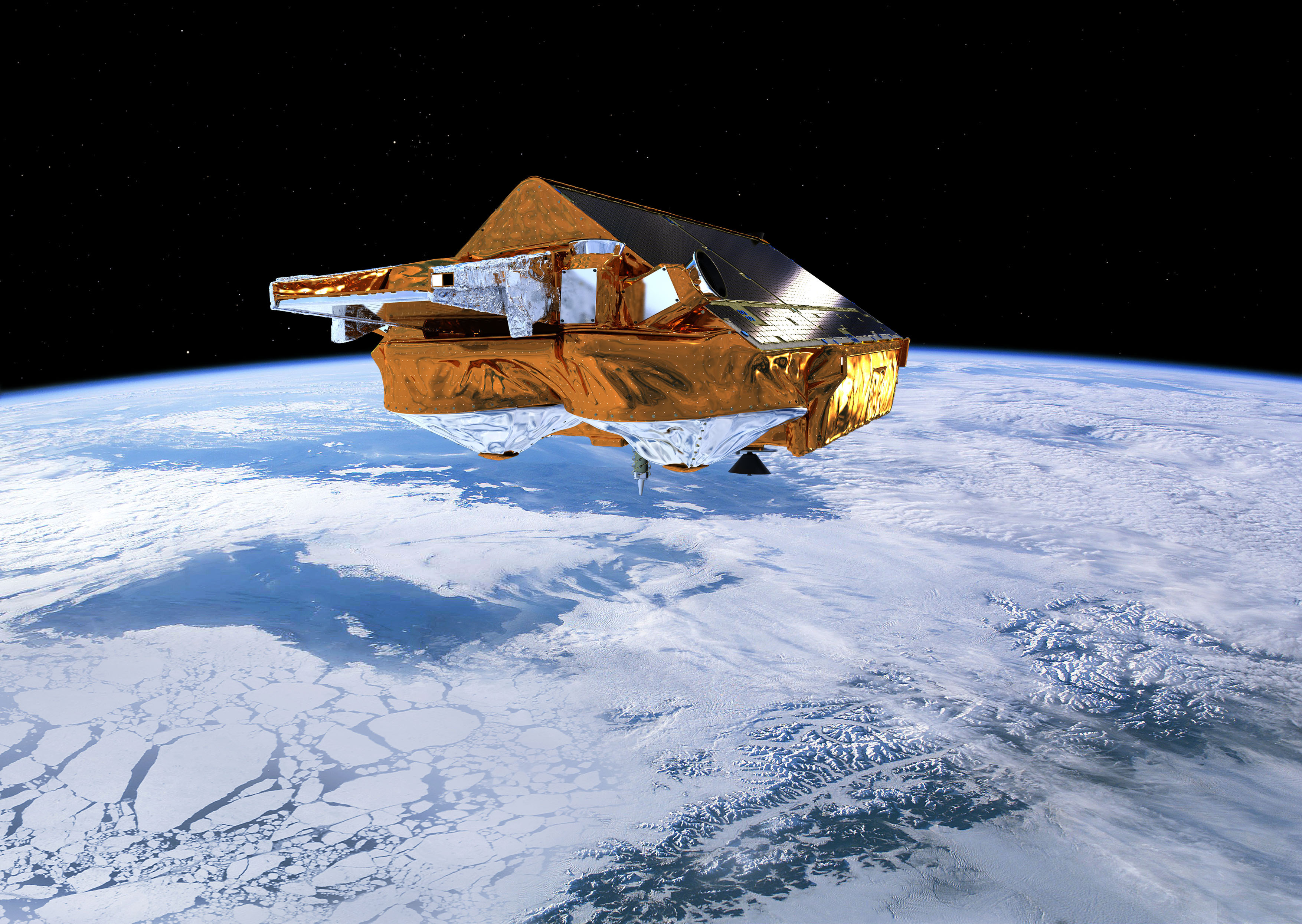 El satélite CryoSat, explorando los hielos polares. Fuente: ESA/AOES Medialab.