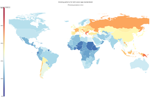 Mapa de la prevalencia del tabaco en 2012. Los colores cálidos señalan una prevalencia mayor. Fuente: Health Metrics and Evaluation.
