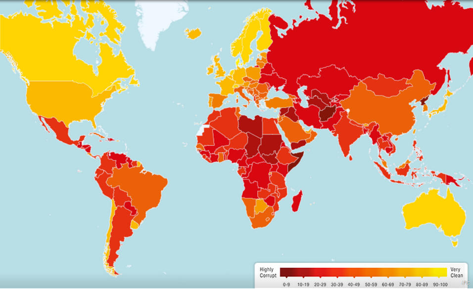 El índice de Percepción de la Corrupción (IPC) de 2013, elaborado por la ONG Transparencia Internacional. Fuente: http://www.transparency.org/