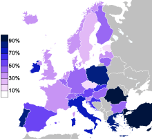 Porcentajes de creencia en Dios en Europa, a partir de datos del Eurobarómetro (2005). Fuente: Wikipedia.