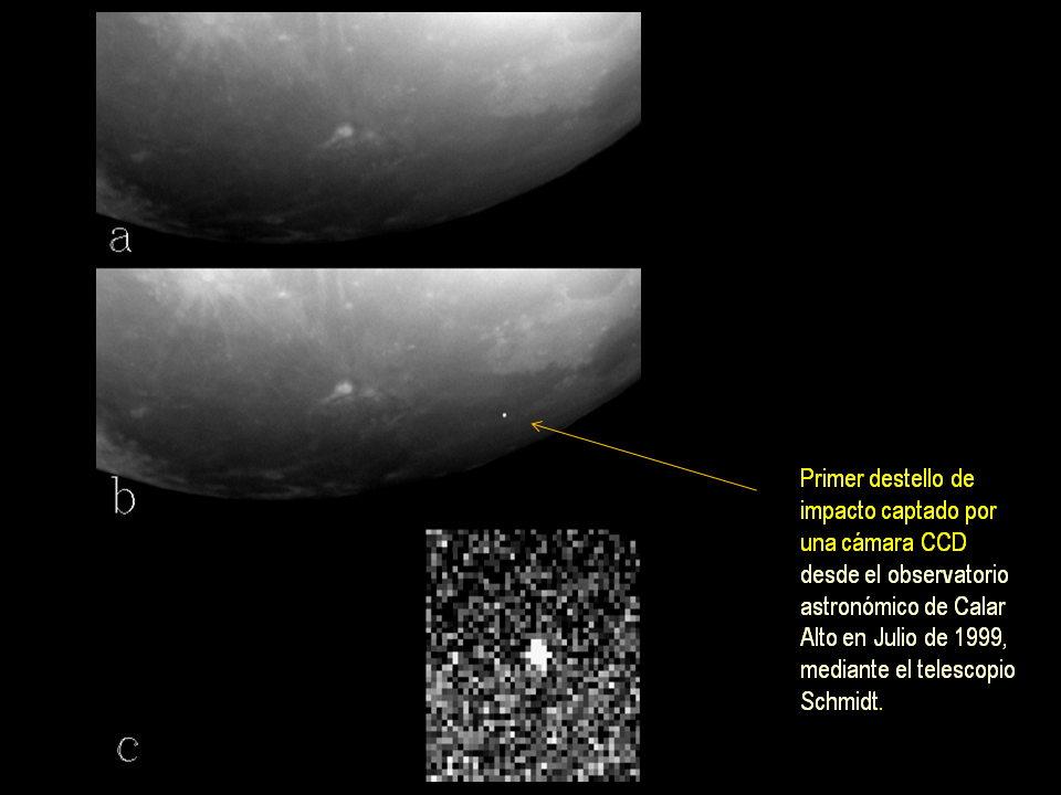 Primera imagen de un impacto en la Luna captado con una cámara CCD, en julio de 1999. Imagen: José Luis Ortiz. Fuente: IAA-CSIC.