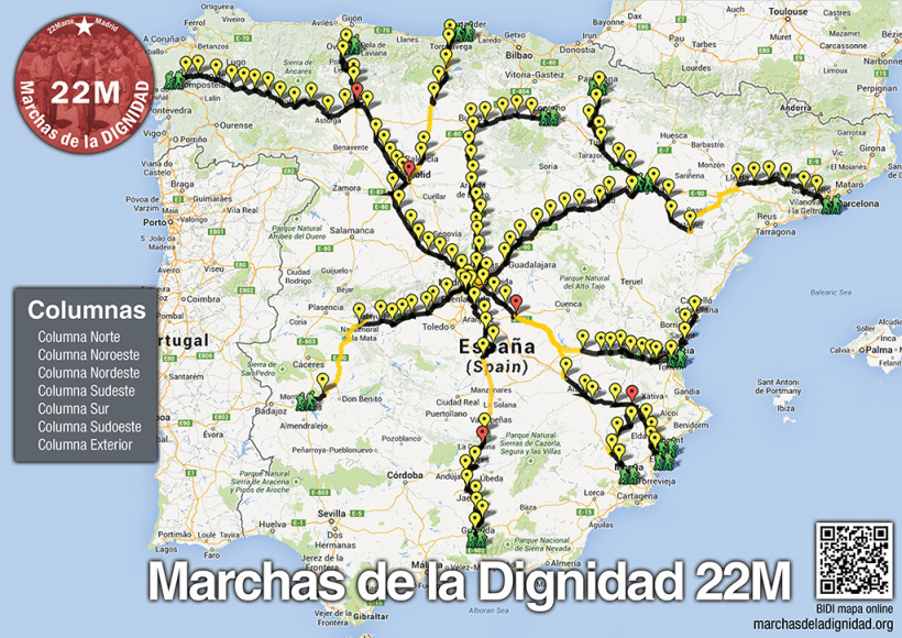 Mapa de las diferentes columnas que se dirigen a Madrid. Fuente: marchasdeladignidad.org