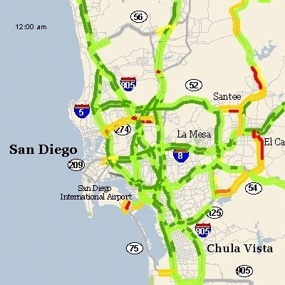 Instantánea de una zona de California en la que en líneas verdes aparecen las rutas expeditas. Tele Atlas.
