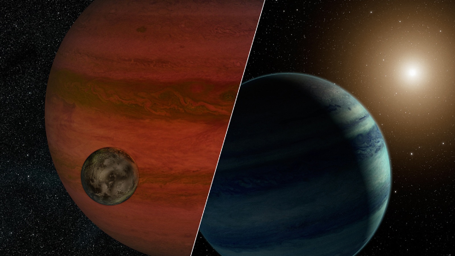 A la izquierda, la exoluna orbitando alrededor del exoplaneta. A la derecha, la exoluna con su estrella al fondo. Fuente: NASA/JPL-Caltech.