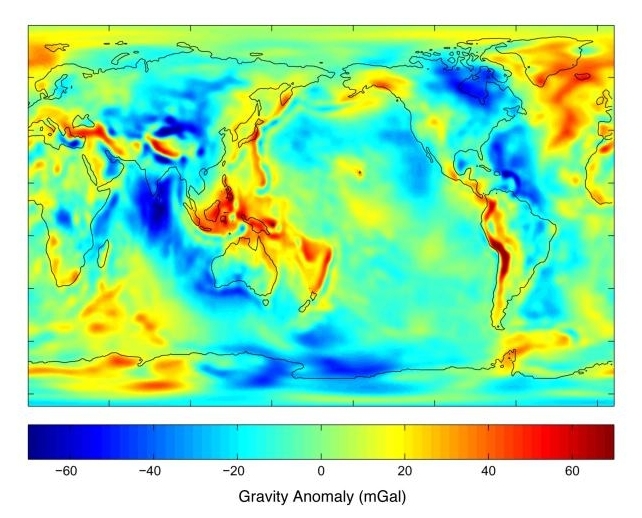 Mapa de los campos de gravedad de la Tierra y sus anomalías. NASA.