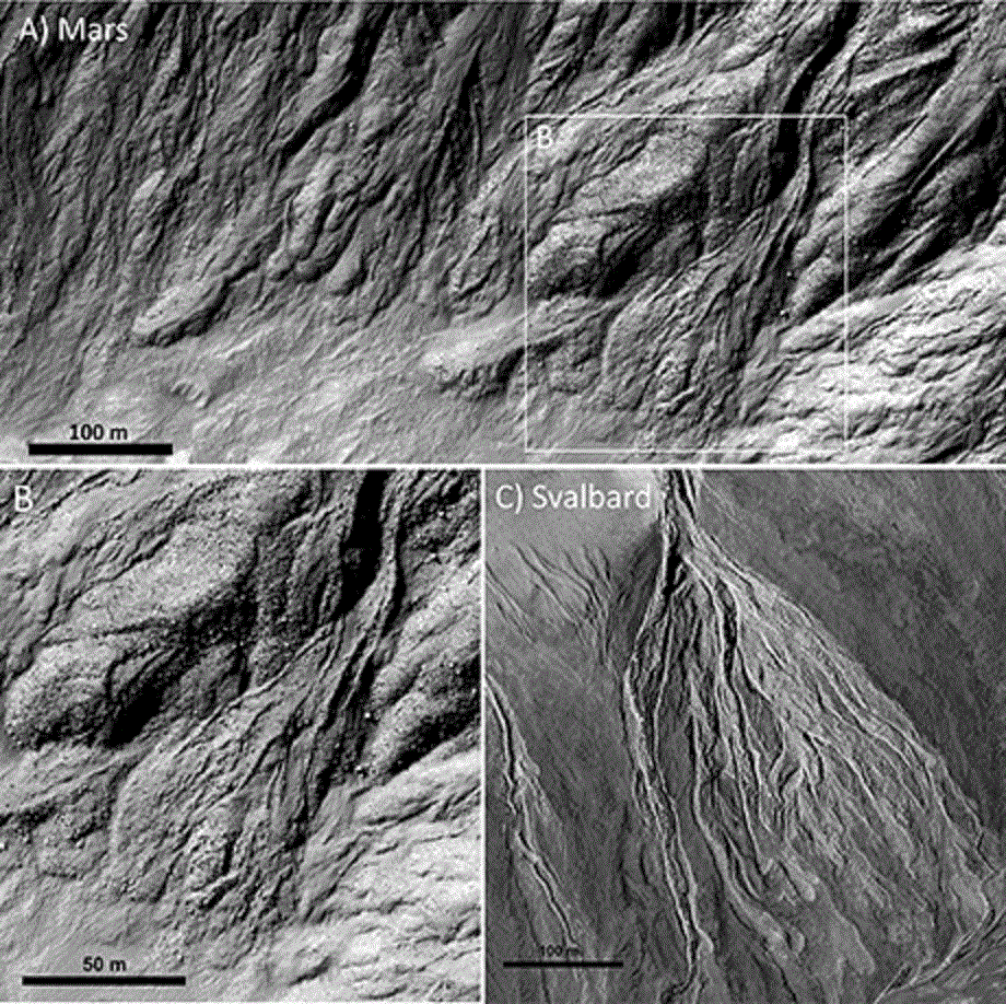 Los flujos masivos de Marte. Fuente: NASA/JPL/UofA for HiRISE.