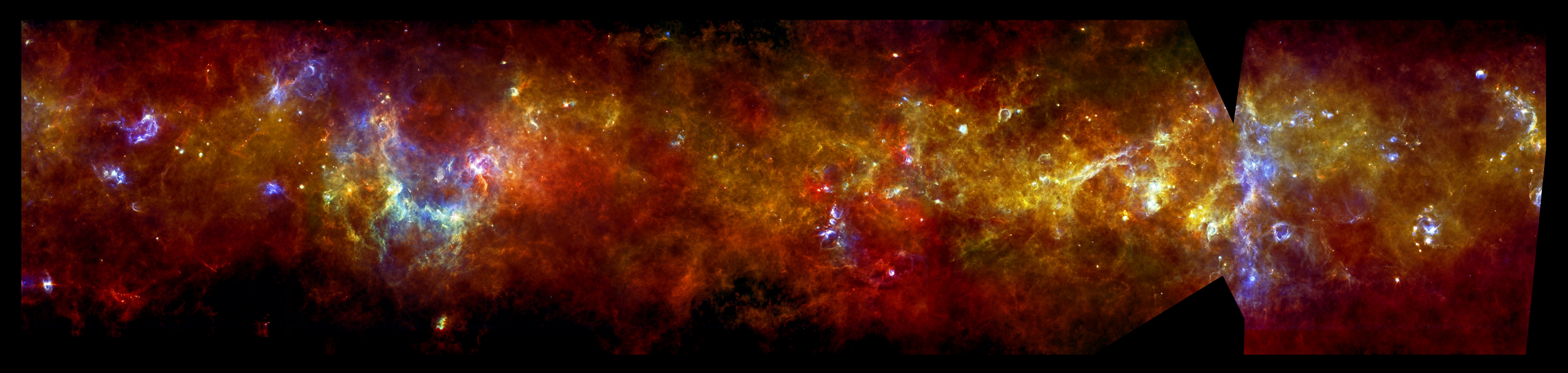 La imagen del Plano Galáctico obtenida por Herschel. Fuente: ESA/PACS & SPIRE Consortium, S. Molinari, Hi-GAL Project.