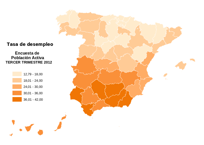Mapa del desempleo por provincias españolas. EPA Tercer trimestre 2012 (Datos INEM). Imagen: NACLE2. Fuente: Wikipedia.