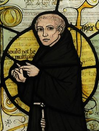 Imagen de Guillermo de Ockham de un vitraux de un templo en Surrey (Inglaterra). Fuente: Wikipedia.