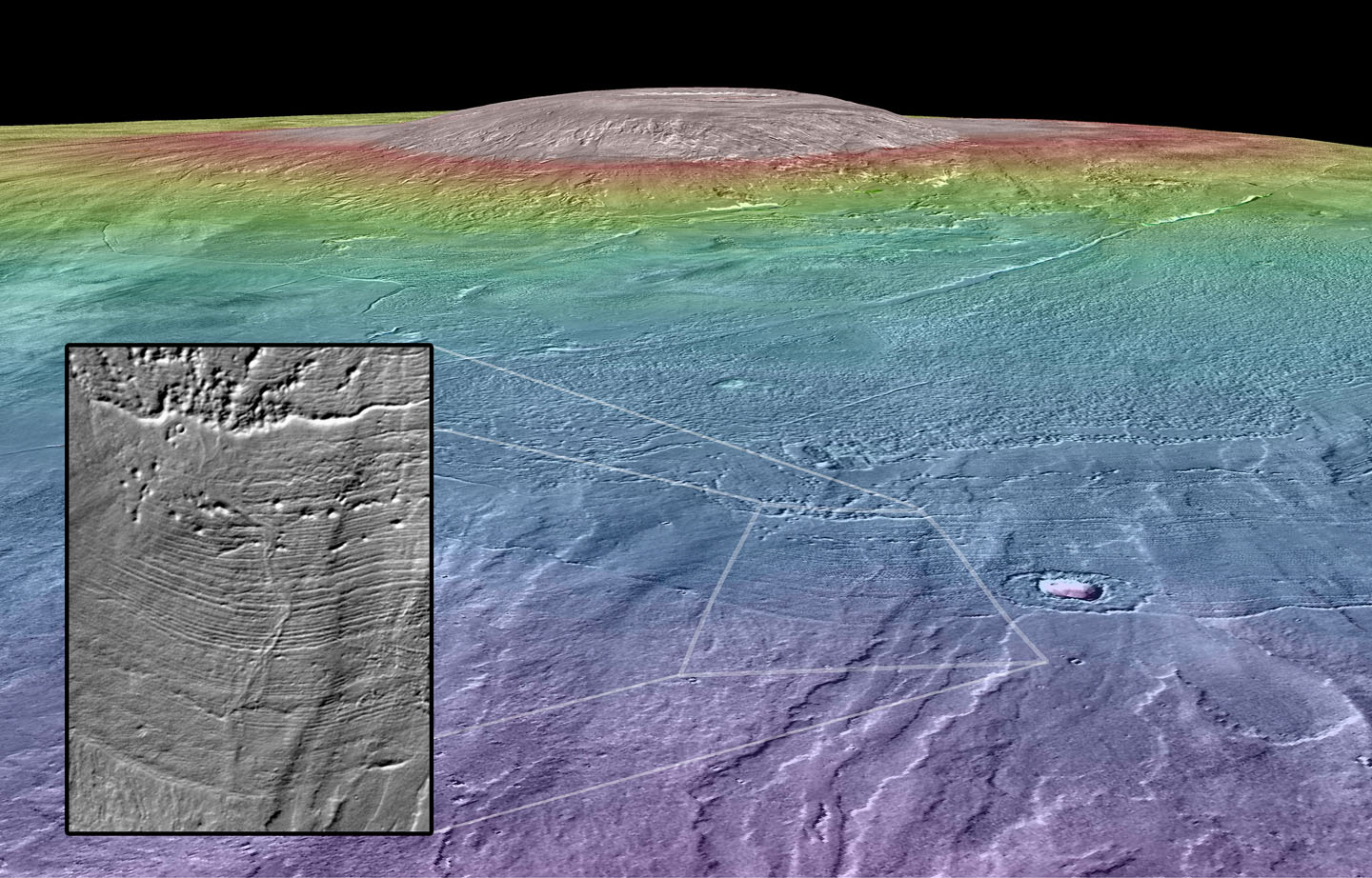 Canales fluviales posiblemente habitables emergen del borde los depósitos glaciales de los alrededores de Arsia Mons. Imagen: NASA/Goddard Space Flight Center/Arizona State University/Brown University.