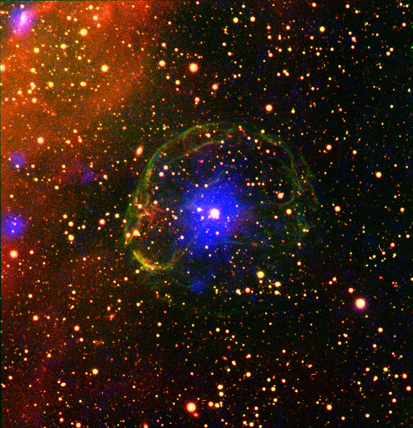 El púlsar fotografiado, rodeado de los restos de la explosión de supernova. Imagen: L. Oskinova/M. Guerrero/R. Gruendl/Y.H. Chu Fuente: ESA/XMM Newton/CTIO.